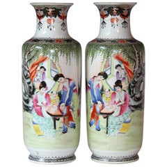 Pair of Chinese Porcelain Famille Rose Qianlong Vases Lamp Matched Old Mark