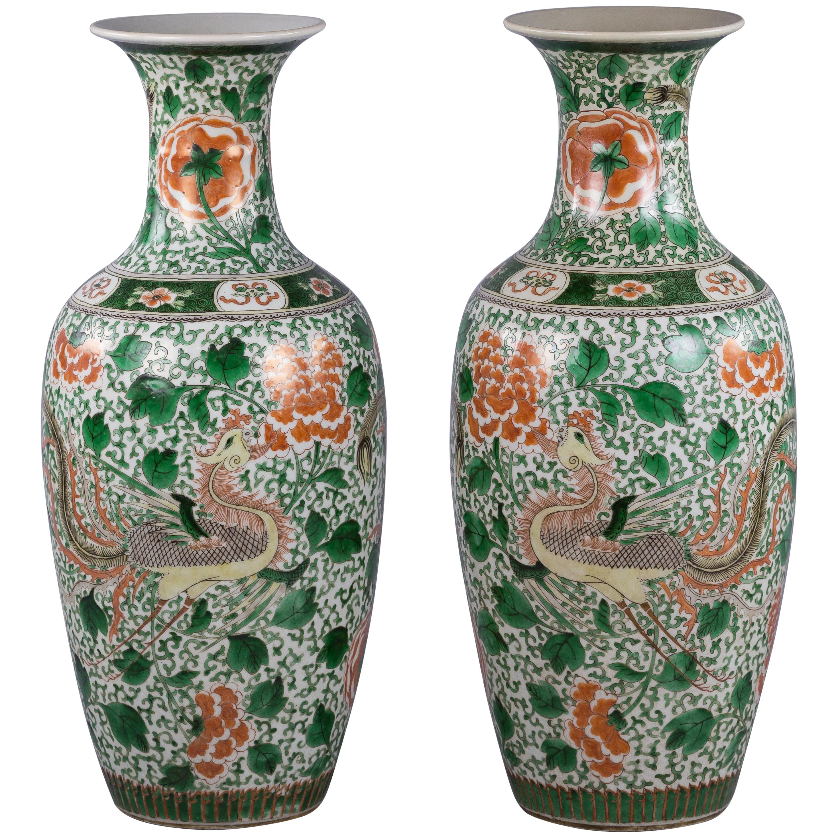 Pair of Chinese Porcelain Famille Verte Vases, circa 1840 For Sale