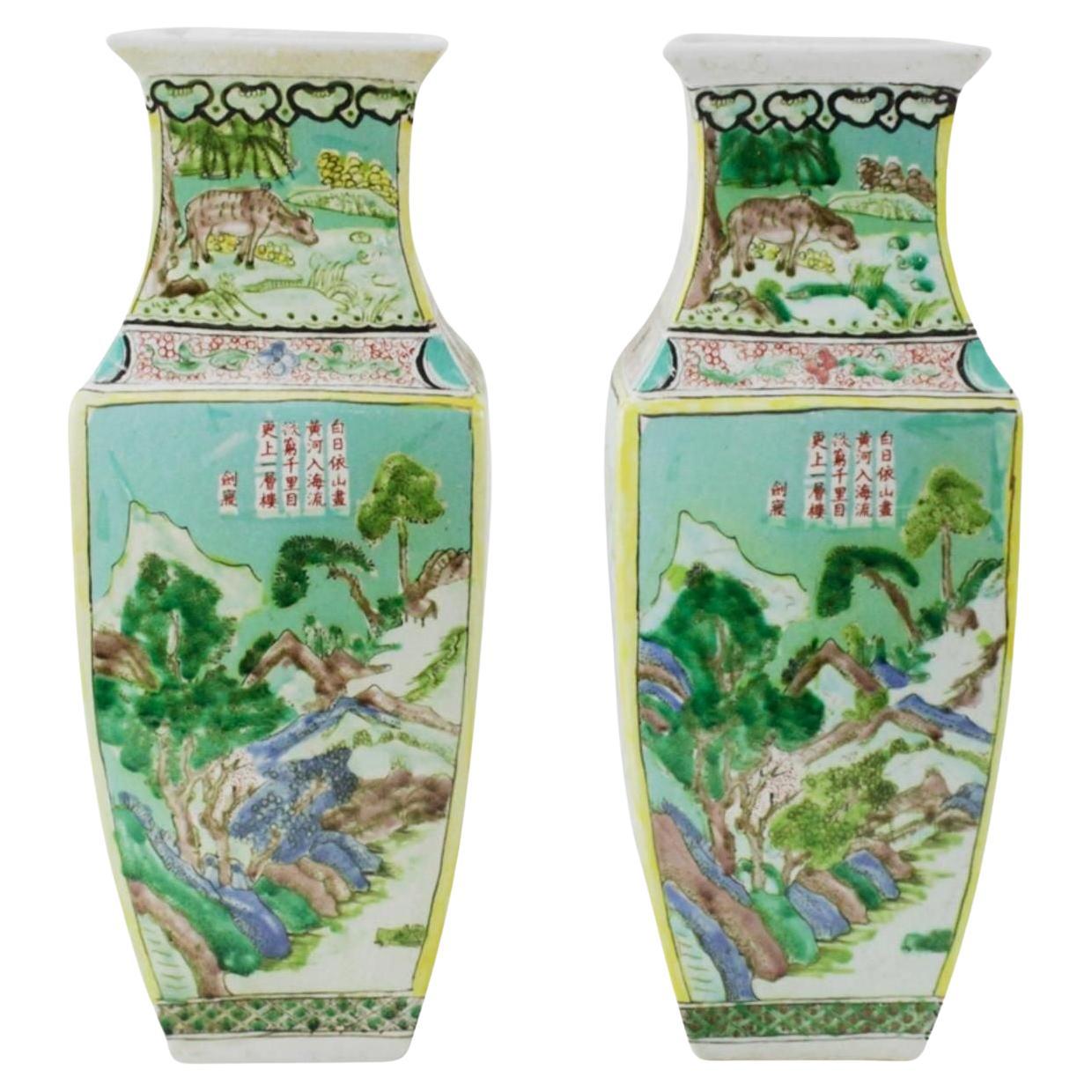 Pair of Chinese Porcelain Famille Verte Vases, c. 1900's For Sale