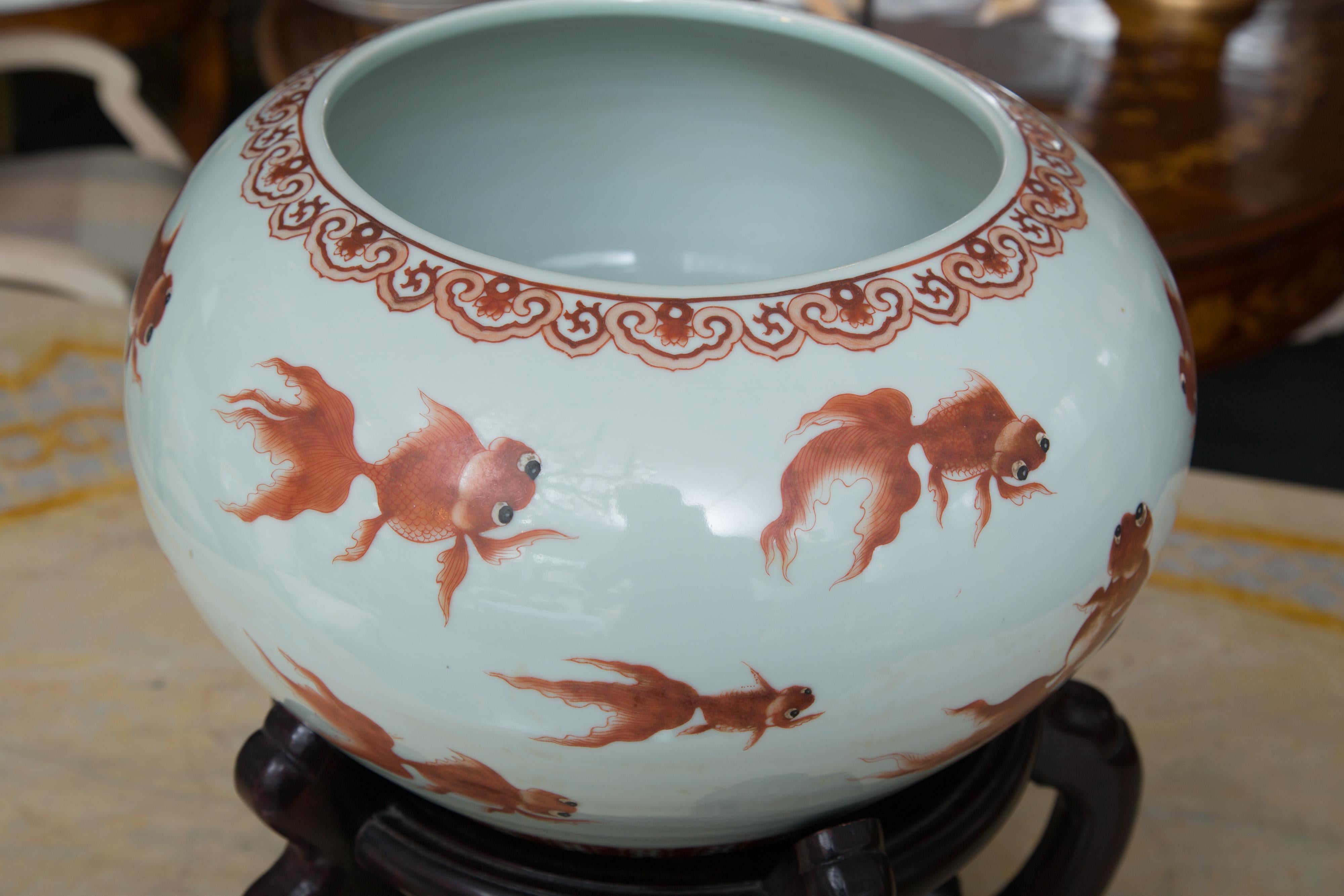 Fired Chinese Porcelain Fish Bowls on Rosewood Stands