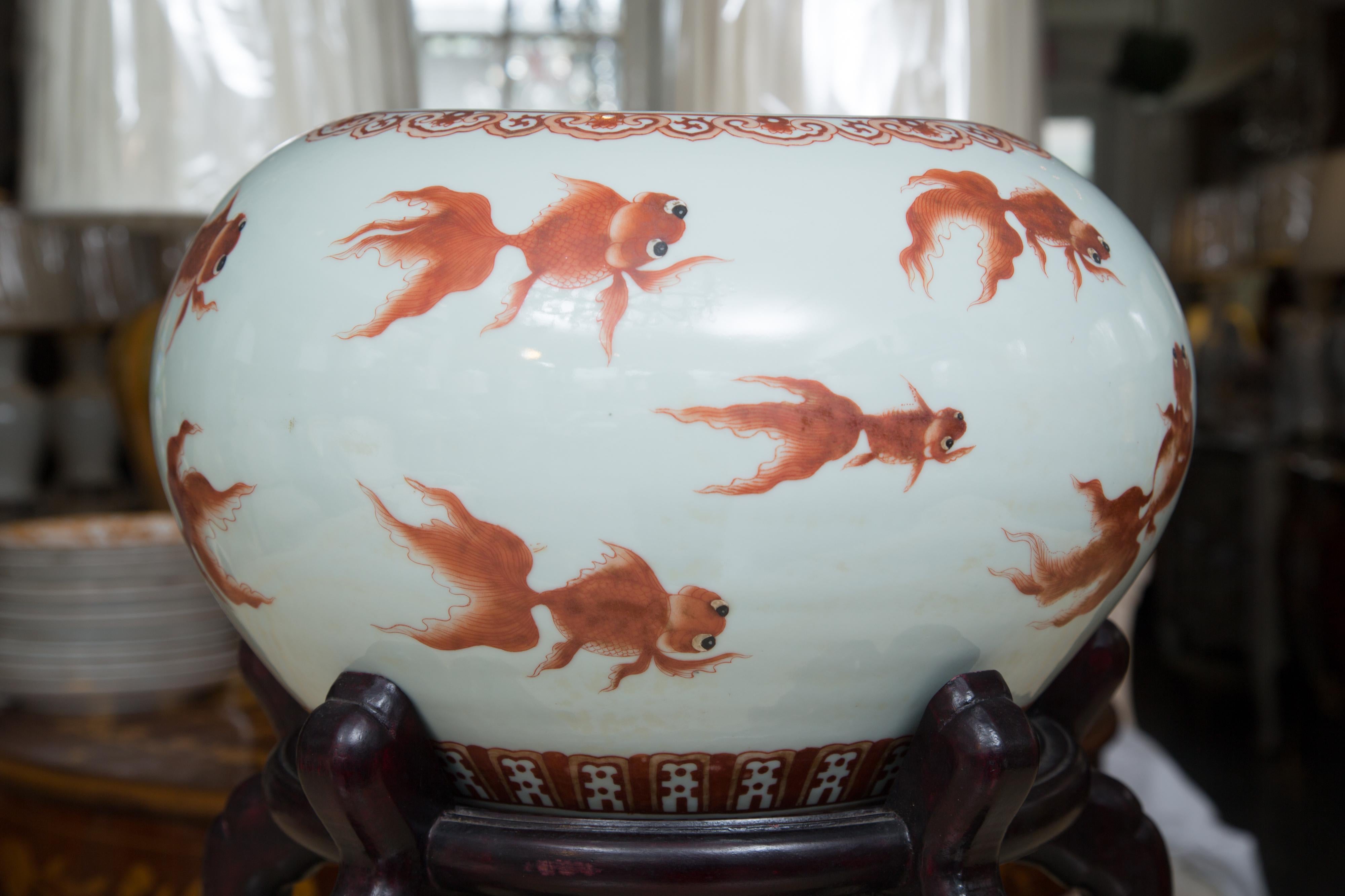 20th Century Chinese Porcelain Fish Bowls on Rosewood Stands