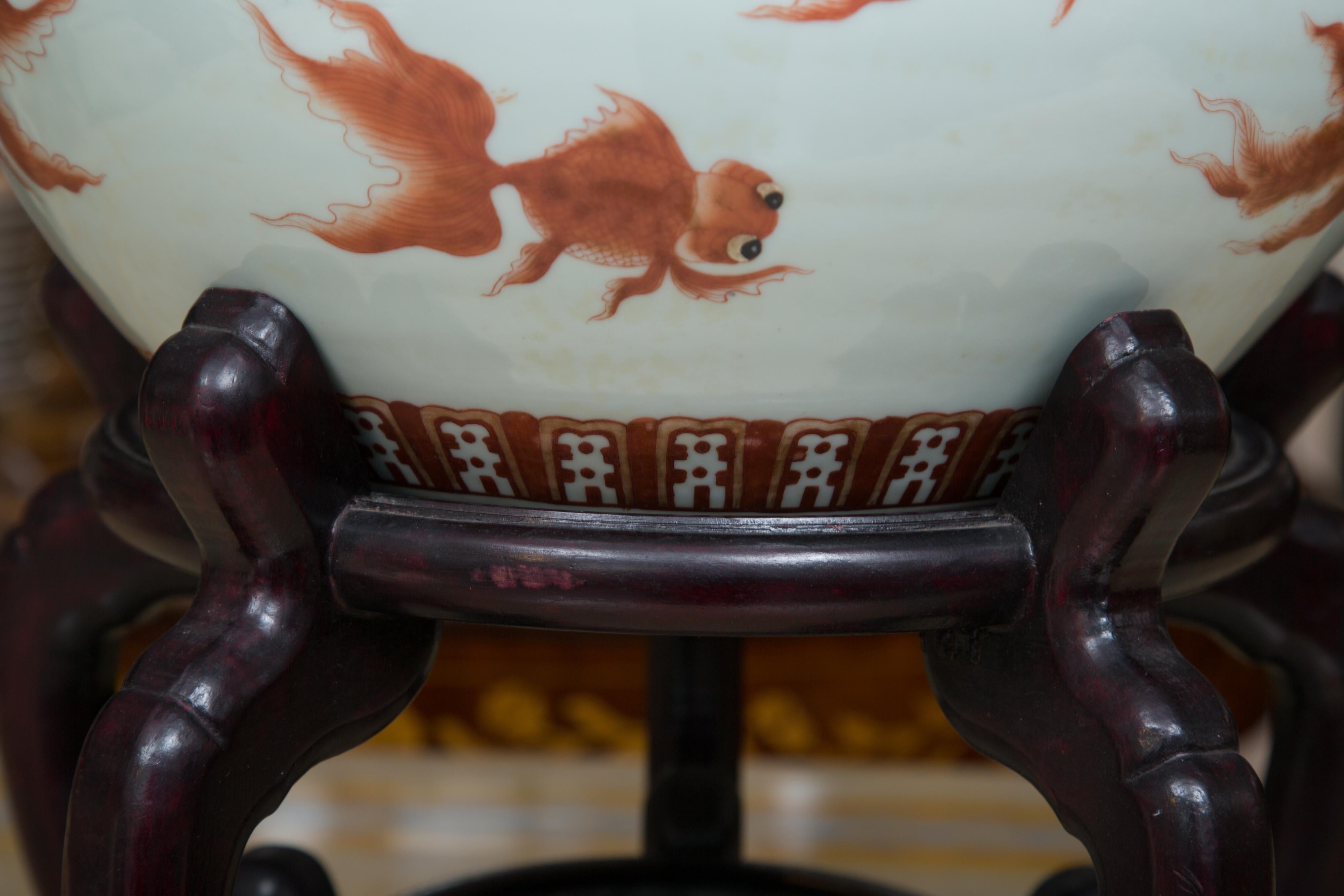 Wood Chinese Porcelain Fish Bowls on Rosewood Stands