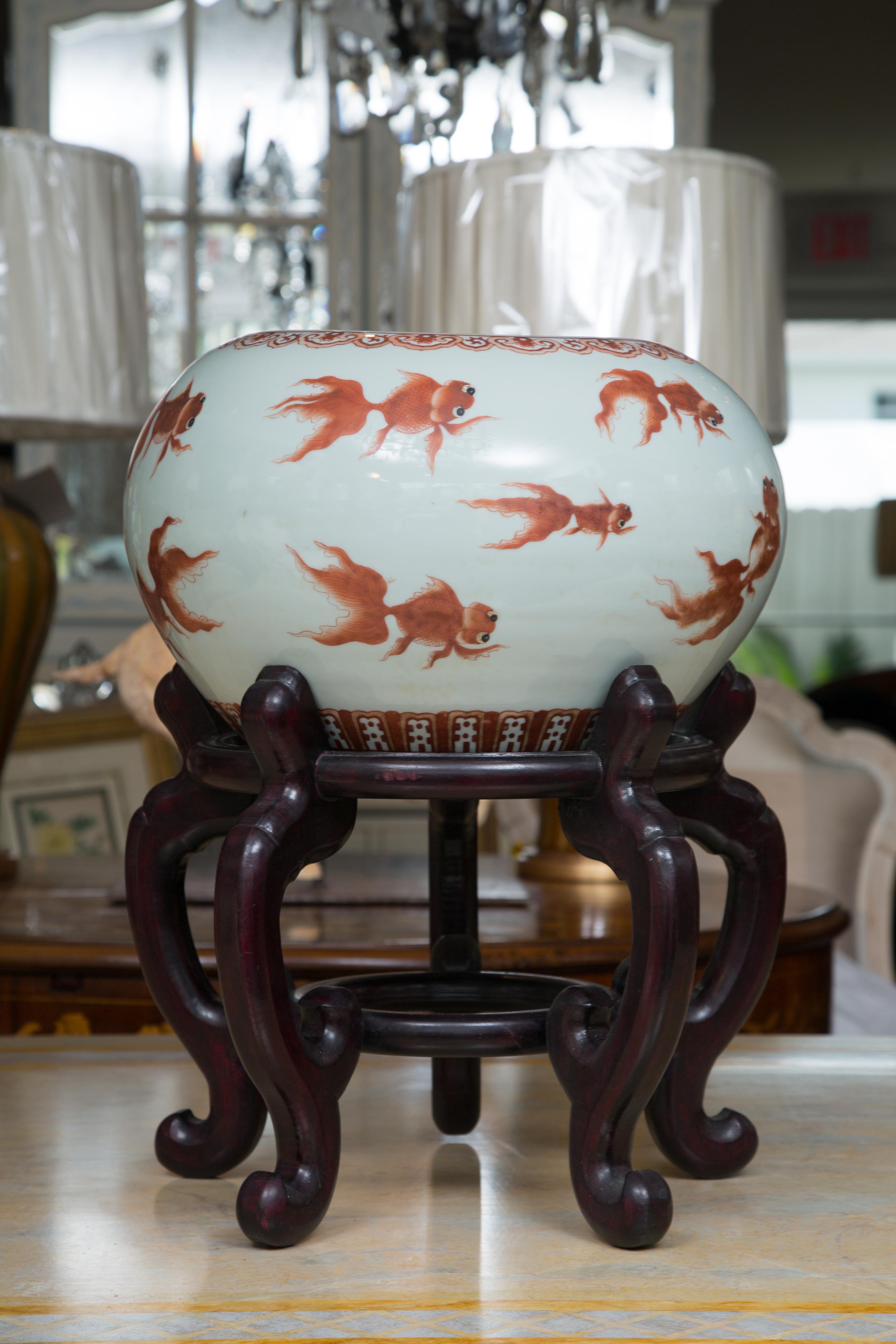 Chinese Porcelain Fish Bowls on Rosewood Stands 1