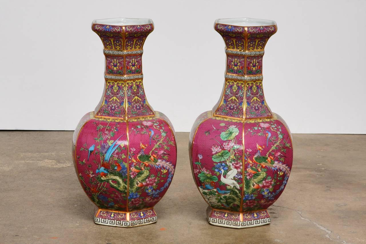 Qing Pair of Chinese Porcelain Flora and Fauna Pink Vases