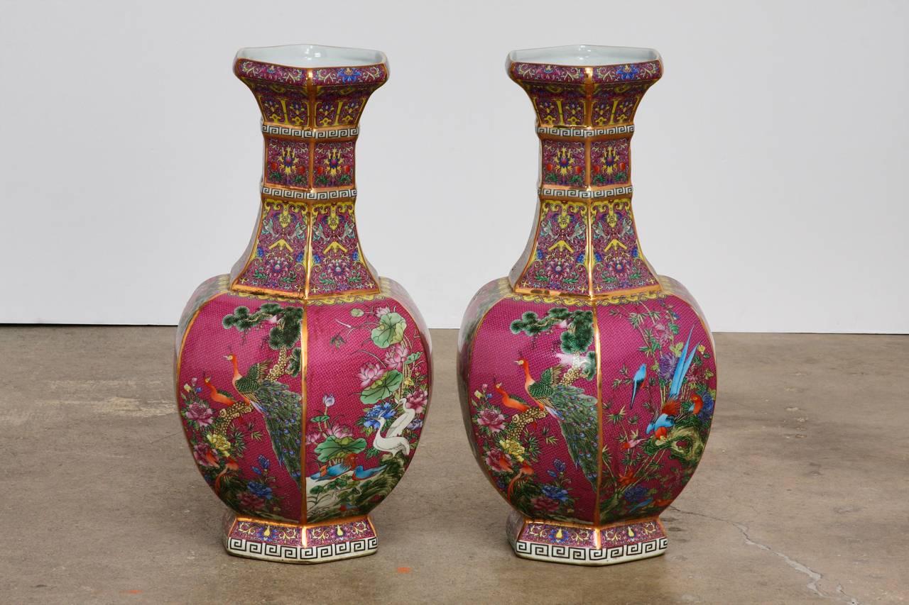Pair of Chinese Porcelain Flora and Fauna Pink Vases 1