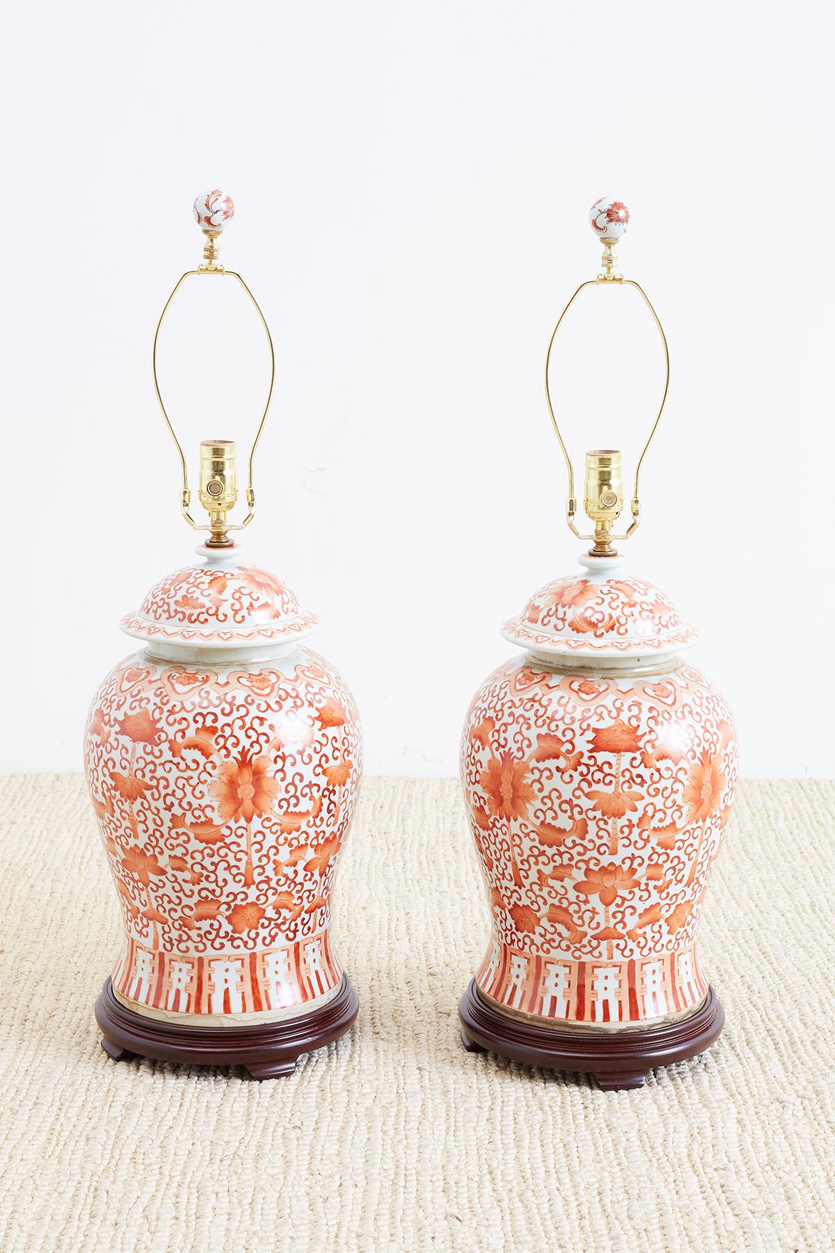 Chinese Export Pair of Chinese Porcelain Floral Ginger Jar Lamps