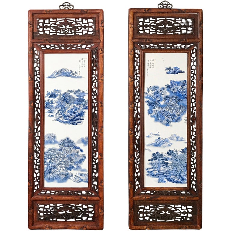 Pair of Chinese Porcelain Framed Wall Panels For Sale at 1stDibs