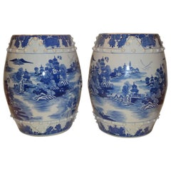Pair of Chinese Porcelain Garden Seats / End Tables Blue And White Floral Motif