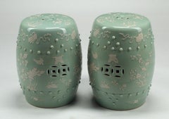 Pair of Chinese Porcelain Garden Seats in Celadon and White Overglaze