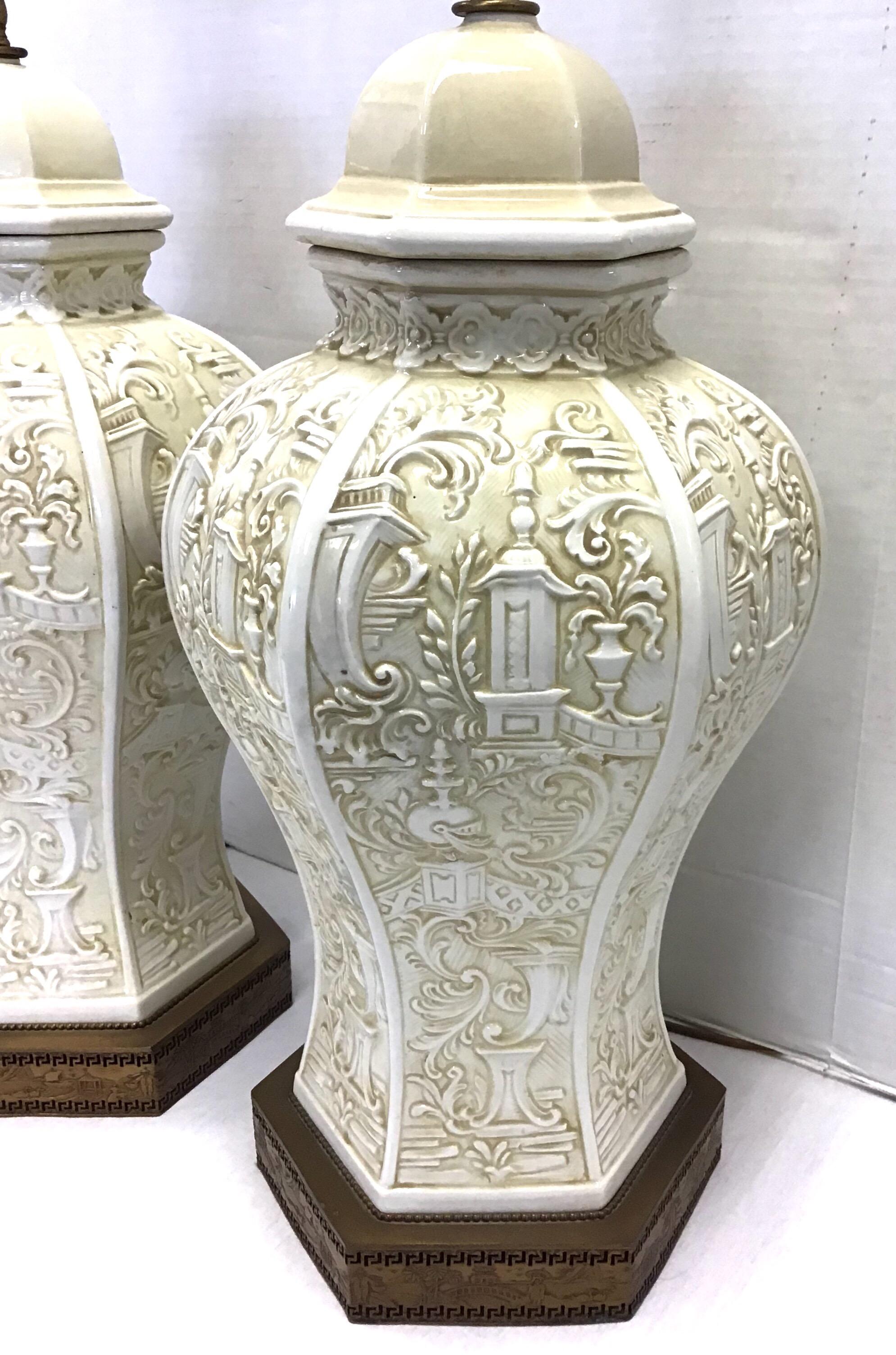 Chinoiserie Pair of Chinese Chimoiserie Porcelain Ginger Jar Lamps