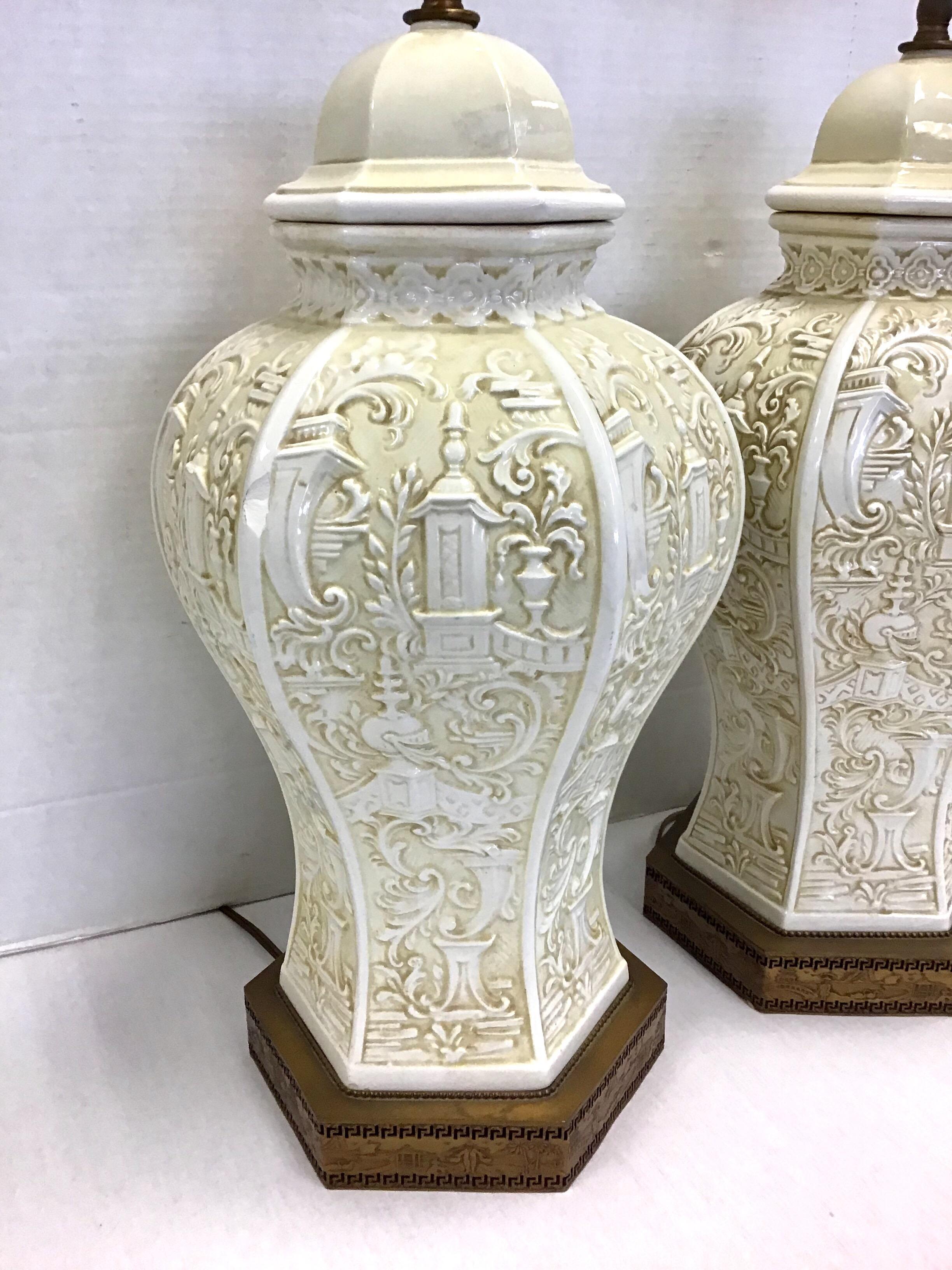 Metal Pair of Chinese Chimoiserie Porcelain Ginger Jar Lamps
