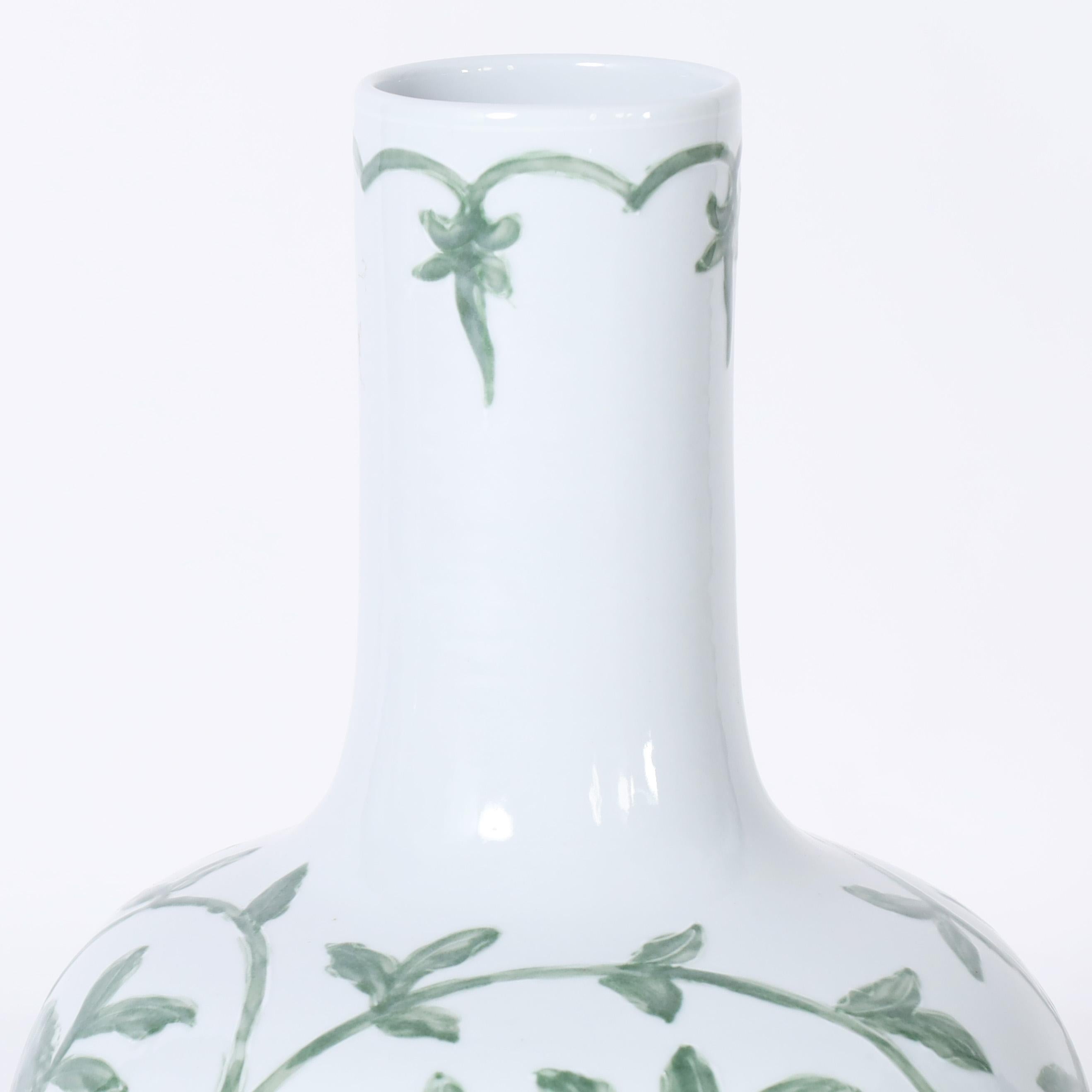 Contemporary Pair of Chinese Porcelain Green and White Vases For Sale