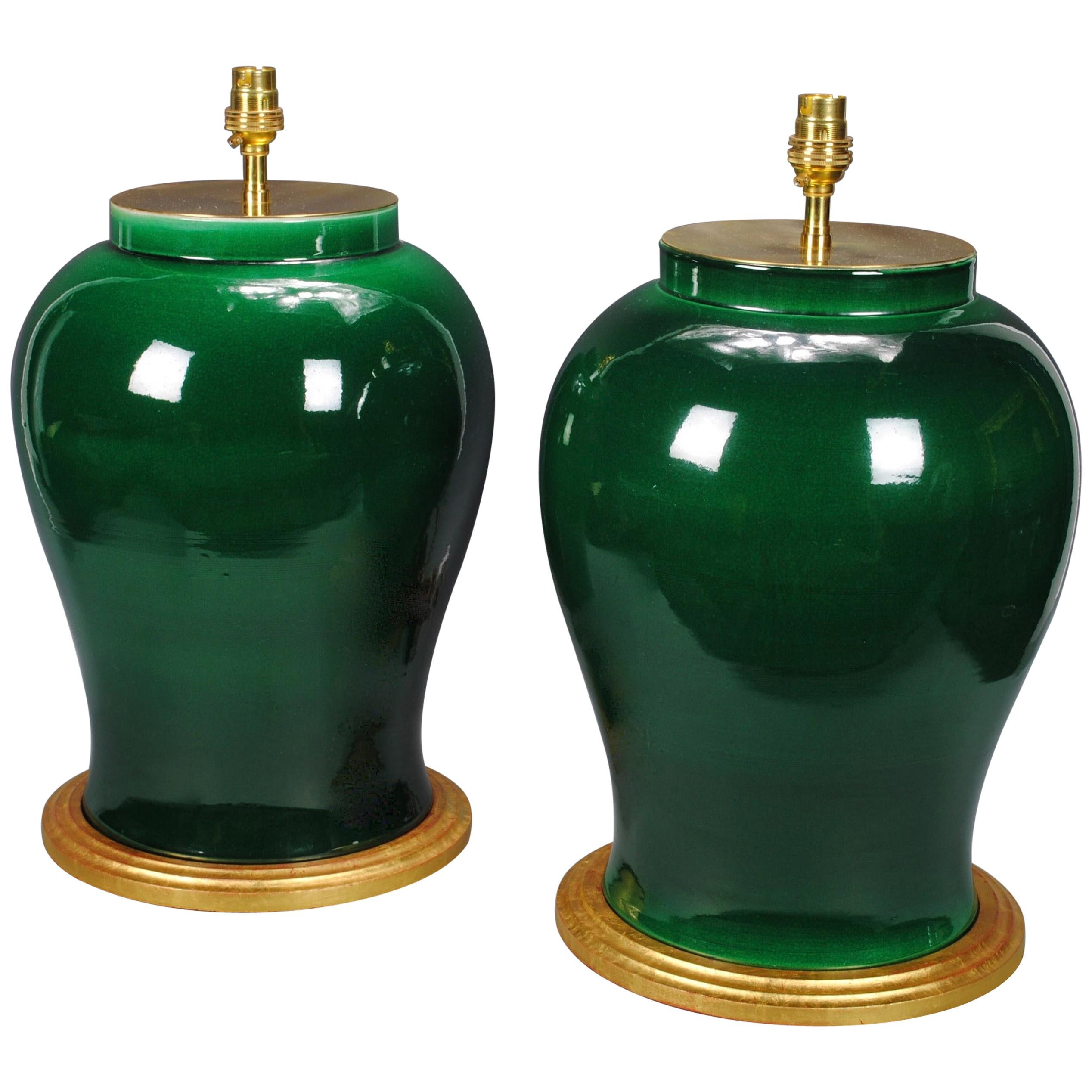 Pair of Chinese Porcelain Green Glazed Table Lamps