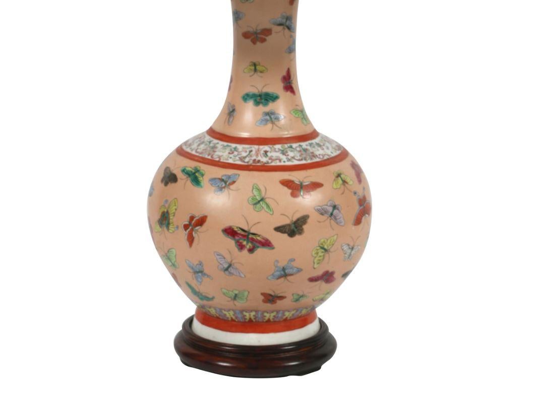 Pair of Chinese Porcelain Lamps with Butterflies In Good Condition In Locust Valley, NY