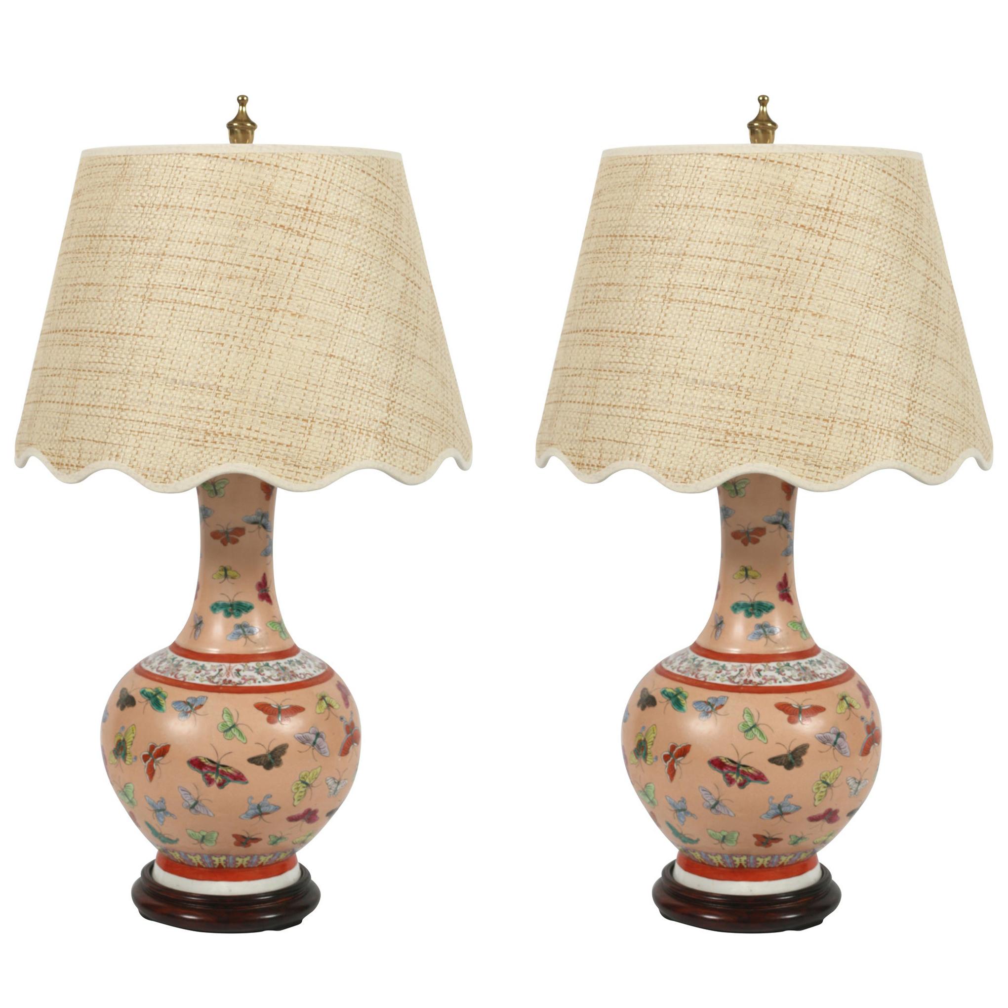 Pair of Chinese Porcelain Lamps with Butterflies