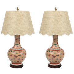 Vintage Pair of Chinese Porcelain Lamps with Butterflies