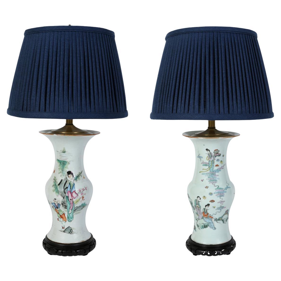 Pair of Chinese Porcelain Lamps With Colorful Figure Detail