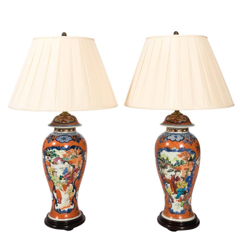 Pair of Chinese Porcelain Lamps with Custom Pleated Shades For Sale at