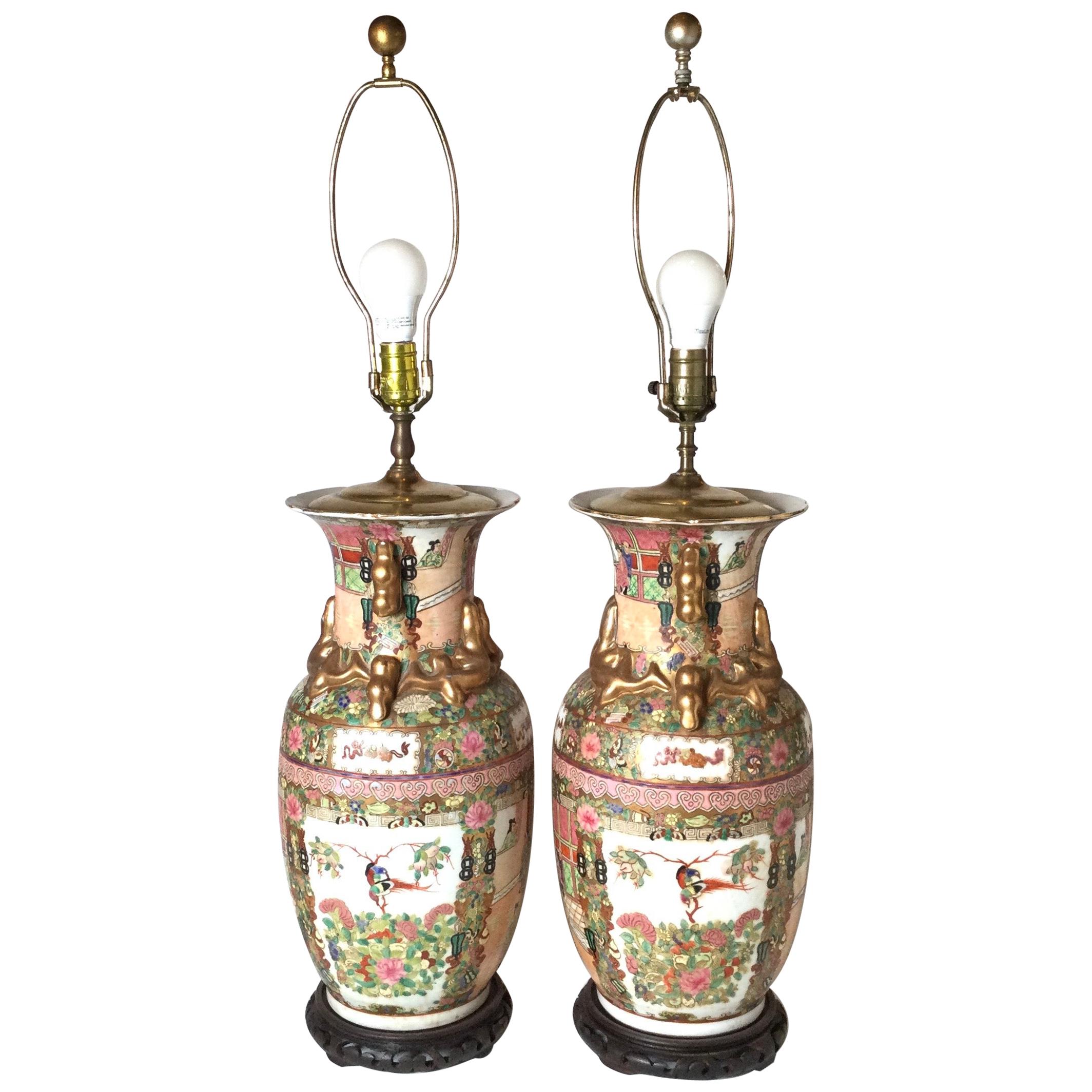 Pair of Chinese Porcelain Lamps with Wood Bases