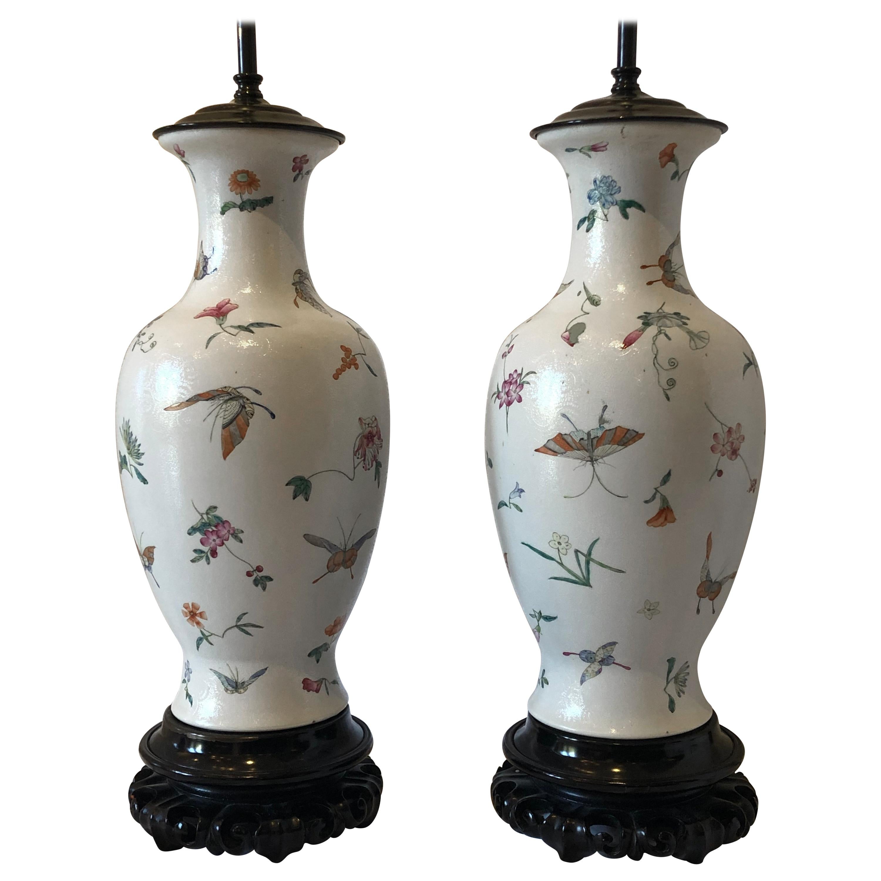 Pair of Chinese Porcelain Orange Peel Porcelain Vases with Butterflies