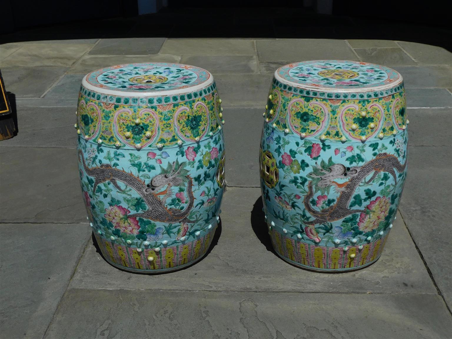 Pair of Chinese Porcelain Painted Garden Seats w/ Dragons & Exotic Birds, C 1820 For Sale 4