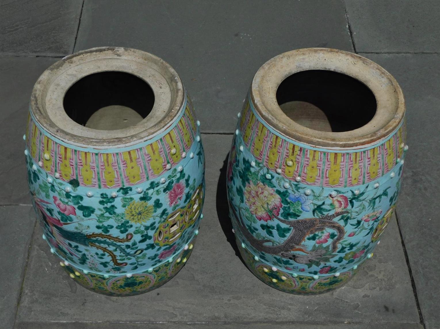 Pair of Chinese Porcelain Painted Garden Seats w/ Dragons & Exotic Birds, C 1820 For Sale 7