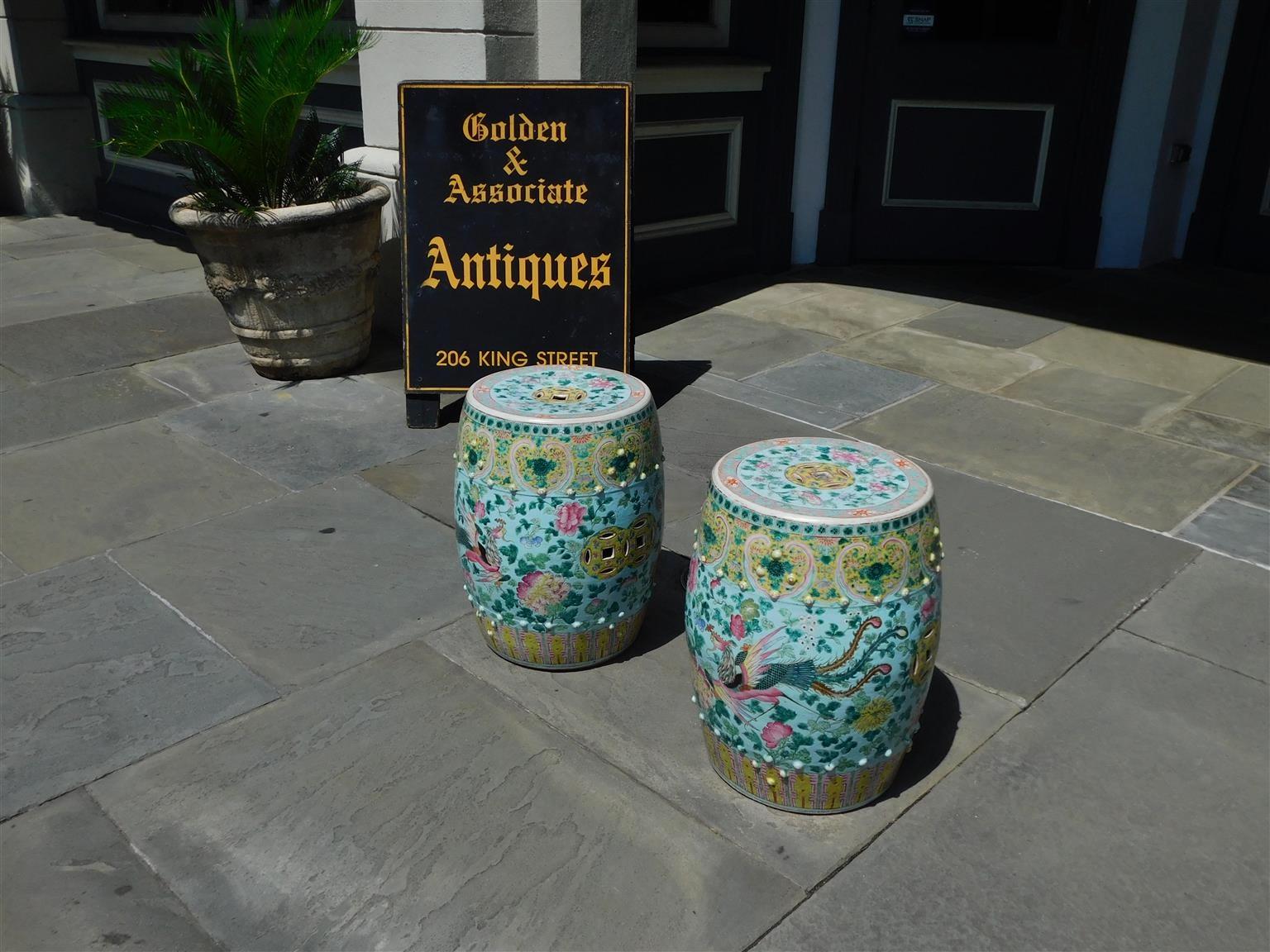 Hand-Painted Pair of Chinese Porcelain Painted Garden Seats w/ Dragons & Exotic Birds, C 1820 For Sale