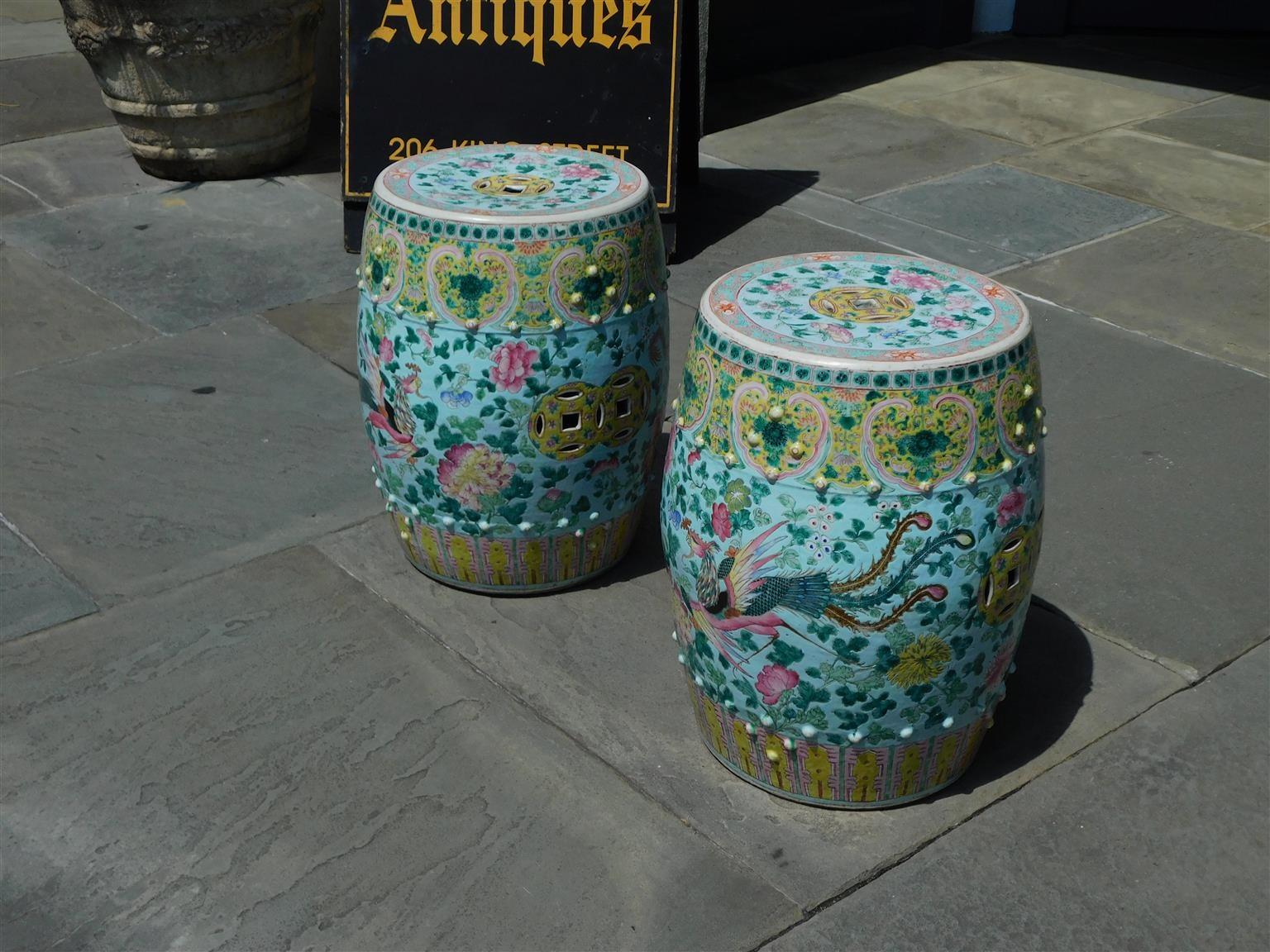 Pair of Chinese Porcelain Painted Garden Seats w/ Dragons & Exotic Birds, C 1820 In Excellent Condition For Sale In Hollywood, SC