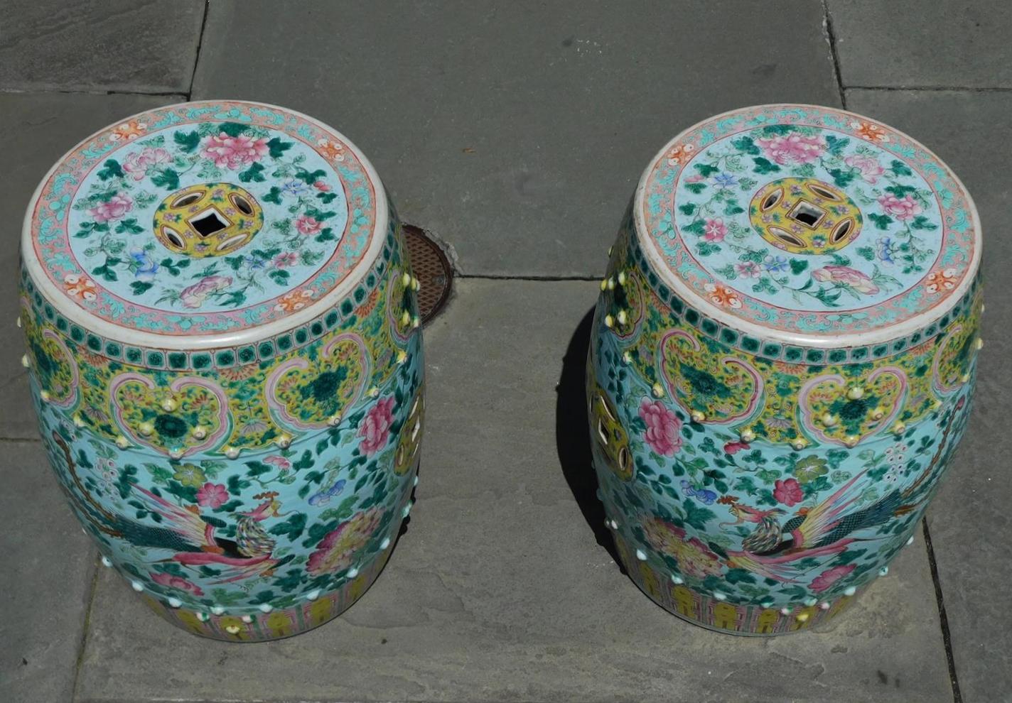 Early 19th Century Pair of Chinese Porcelain Painted Garden Seats w/ Dragons & Exotic Birds, C 1820 For Sale