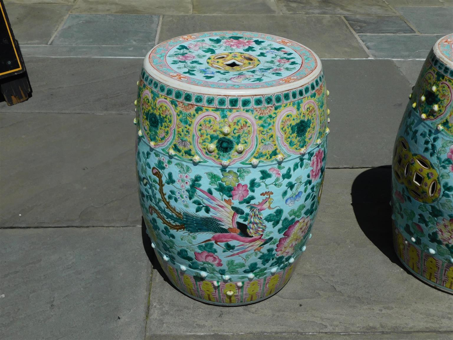 Pair of Chinese Porcelain Painted Garden Seats w/ Dragons & Exotic Birds, C 1820 For Sale 1