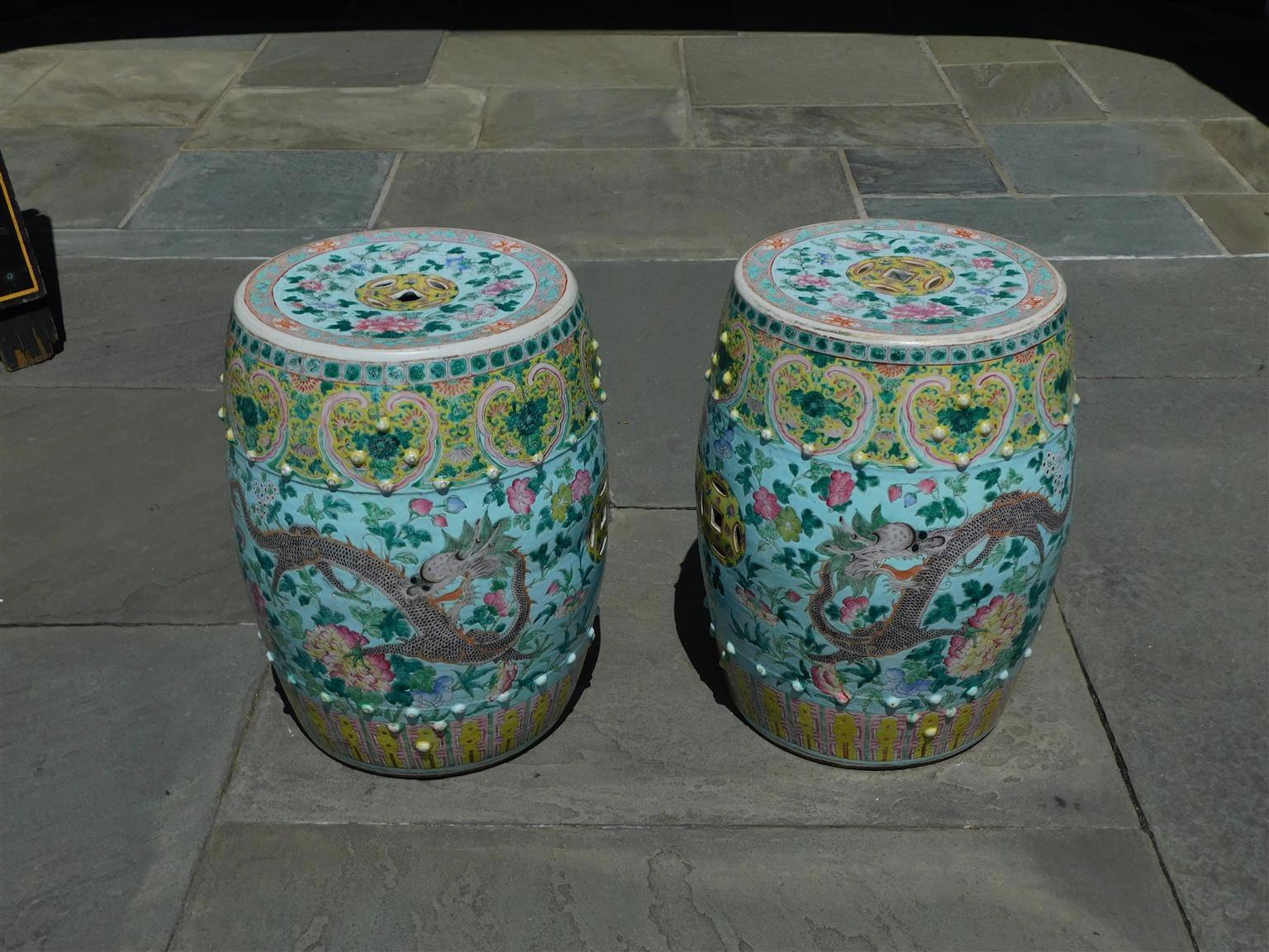 Pair of Chinese Porcelain Painted Garden Seats w/ Dragons & Exotic Birds, C 1820 For Sale 2