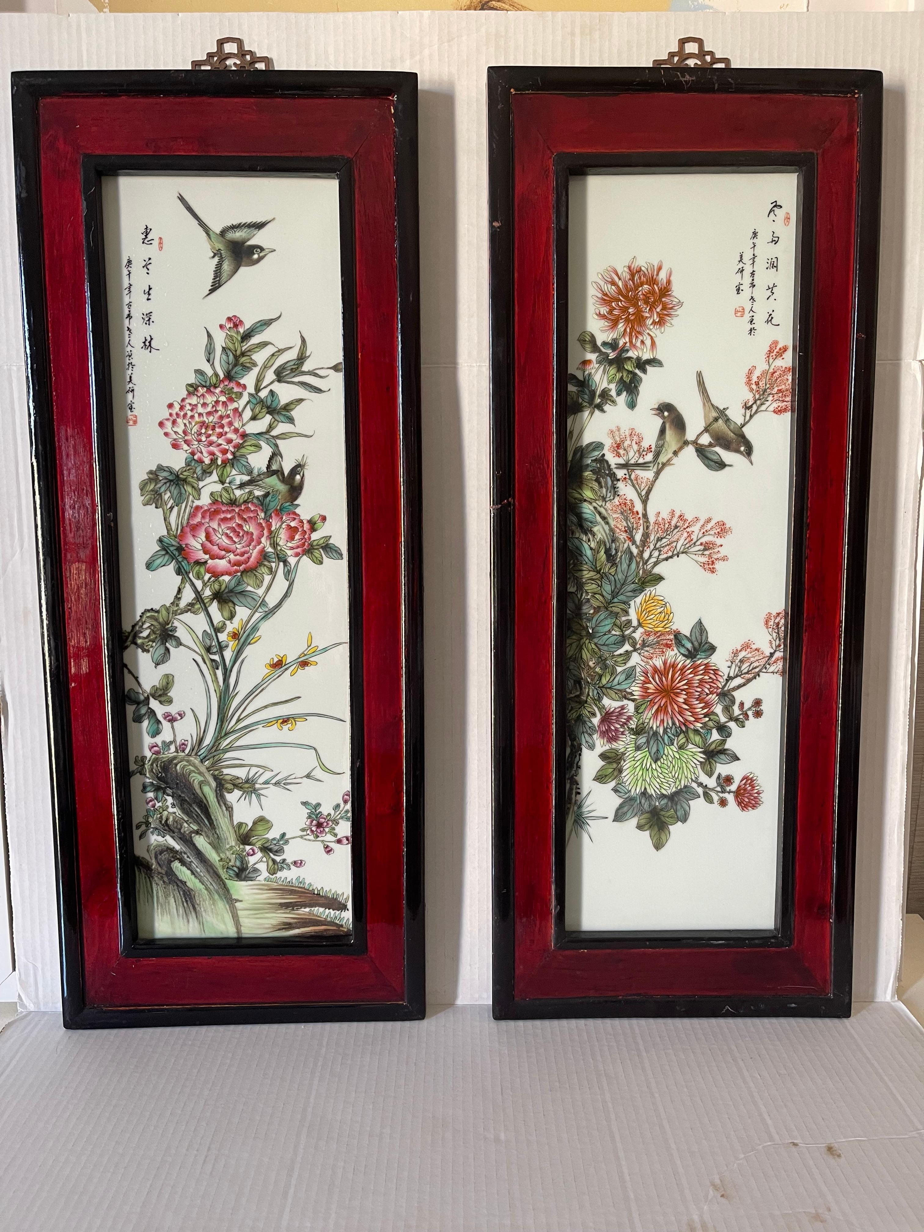 Painted Pair of Chinese Porcelain Plaques Mahogany Frame For Sale