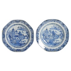 Pair of Chinese Porcelain Plates Qing Period Octagonal Landscape Pagode, 18C