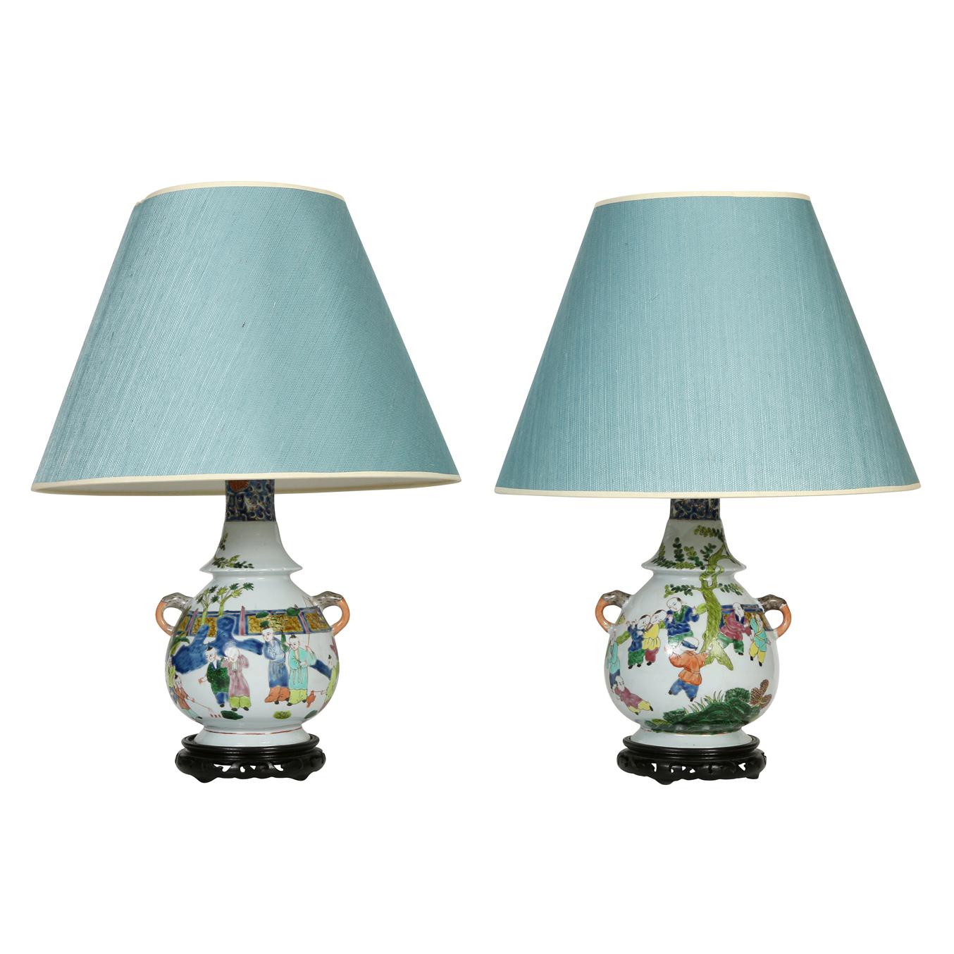 20th Century Pair of Chinese Porcelain Polychrome Lamps