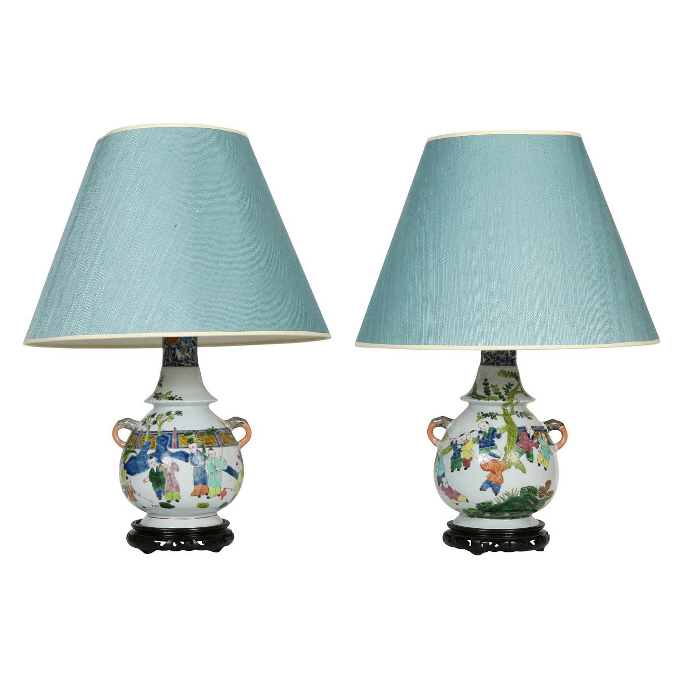 Pair of Chinese Porcelain Polychrome Lamps