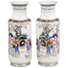 Antique Pair of Chinese Porcelain Polychrome Vases, circa 1900