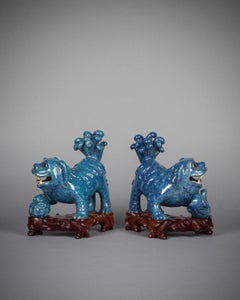 Pair of Chinese Porcelain Robin's Egg Foo Dogs on Stands, circa 1890