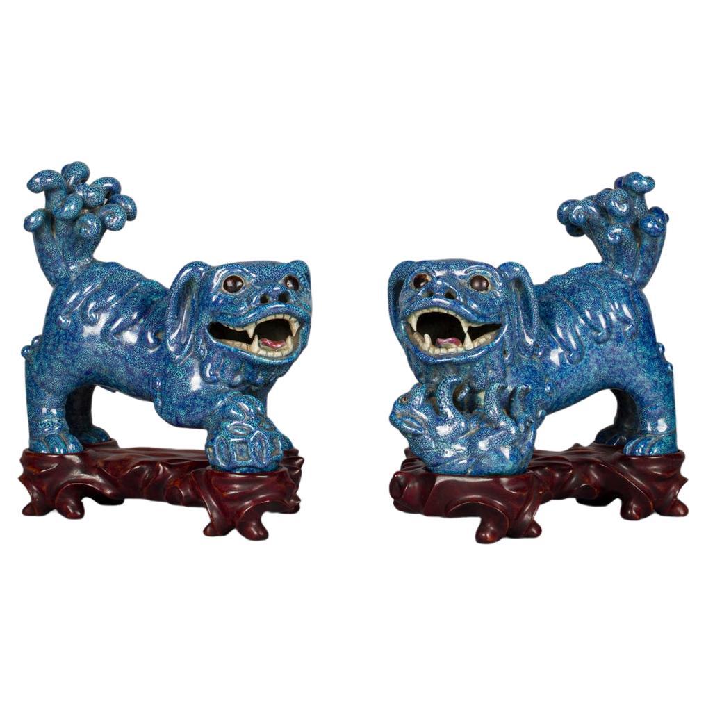 Pair of Chinese Porcelain Robin's Egg Foo Dogs on Stands, circa 1890 For Sale
