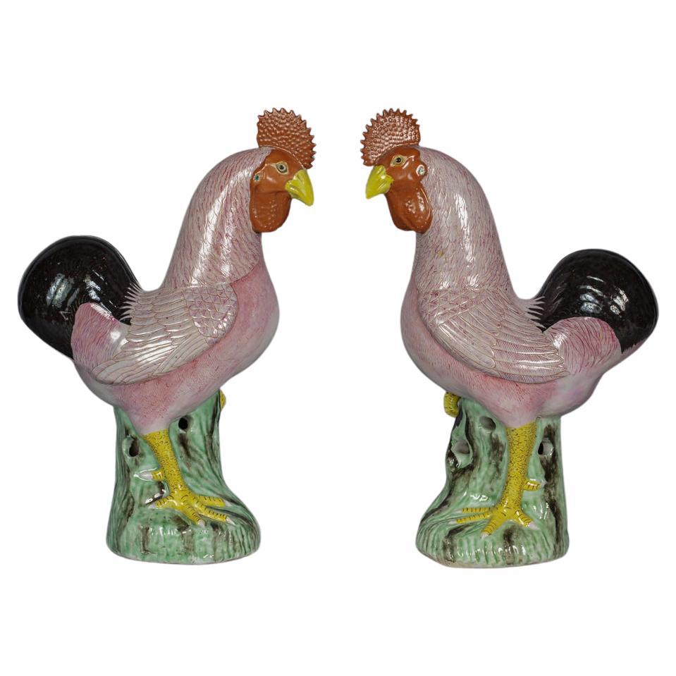 Pair of Chinese Porcelain Roosters, circa 1800 For Sale