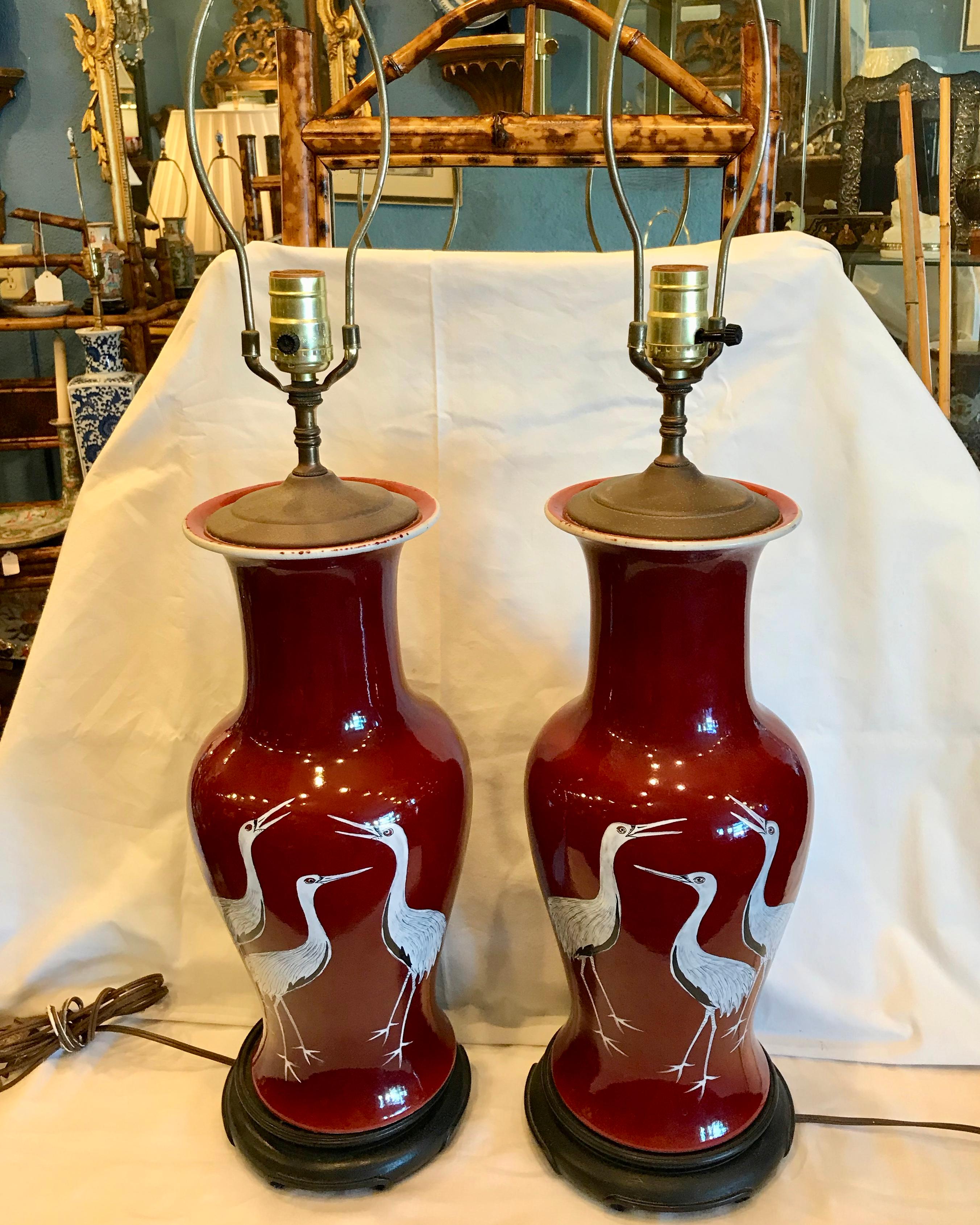 20th Century Pair of Chinese Porcelain Sang de Boeuf Lamps
