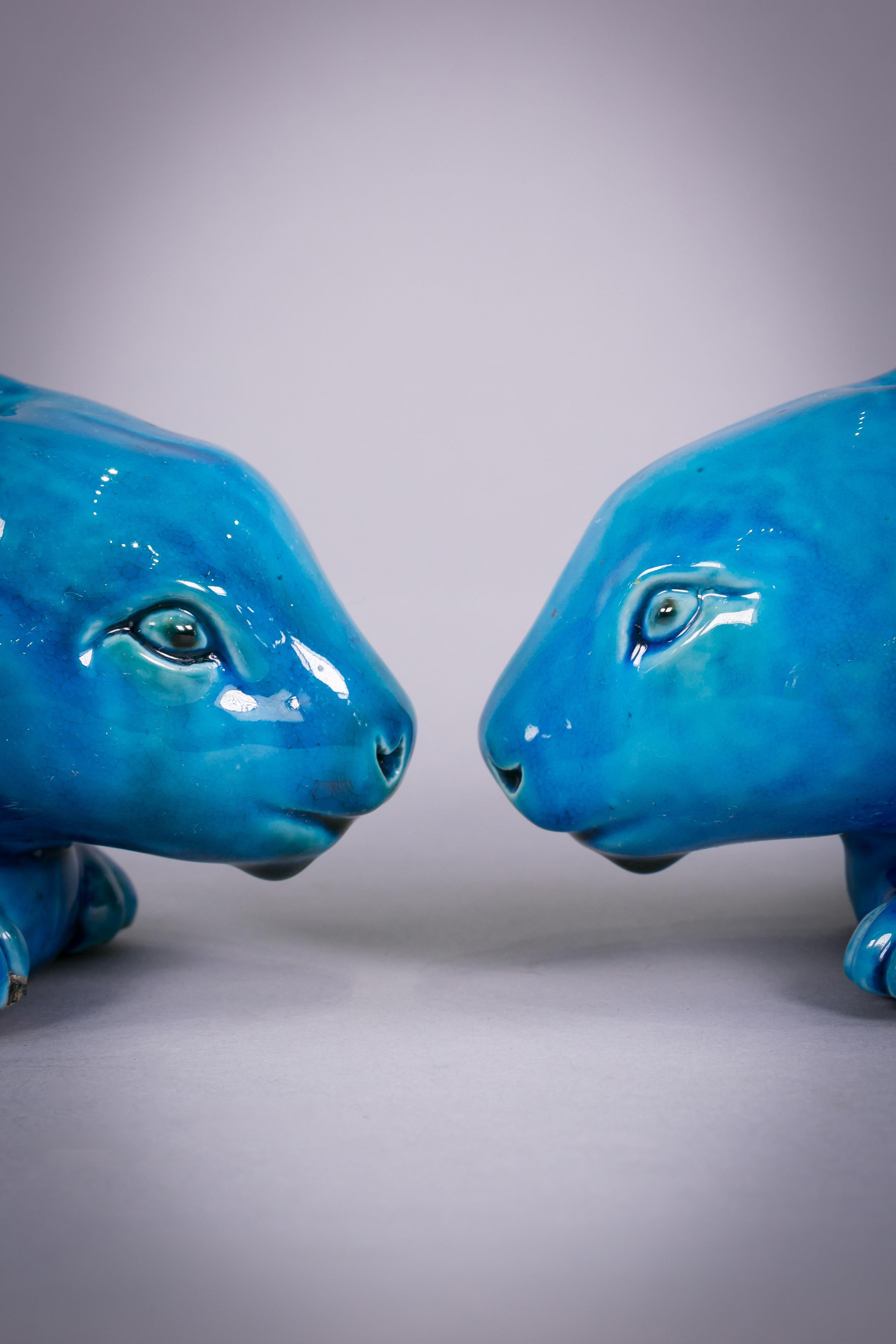 Pair of Chinese porcelain turquoise glazed rabbits, circa 1860.