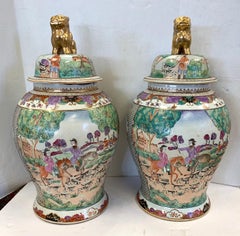 Pair of Chinese Porcelain Urns with Fox Hunt Scenes