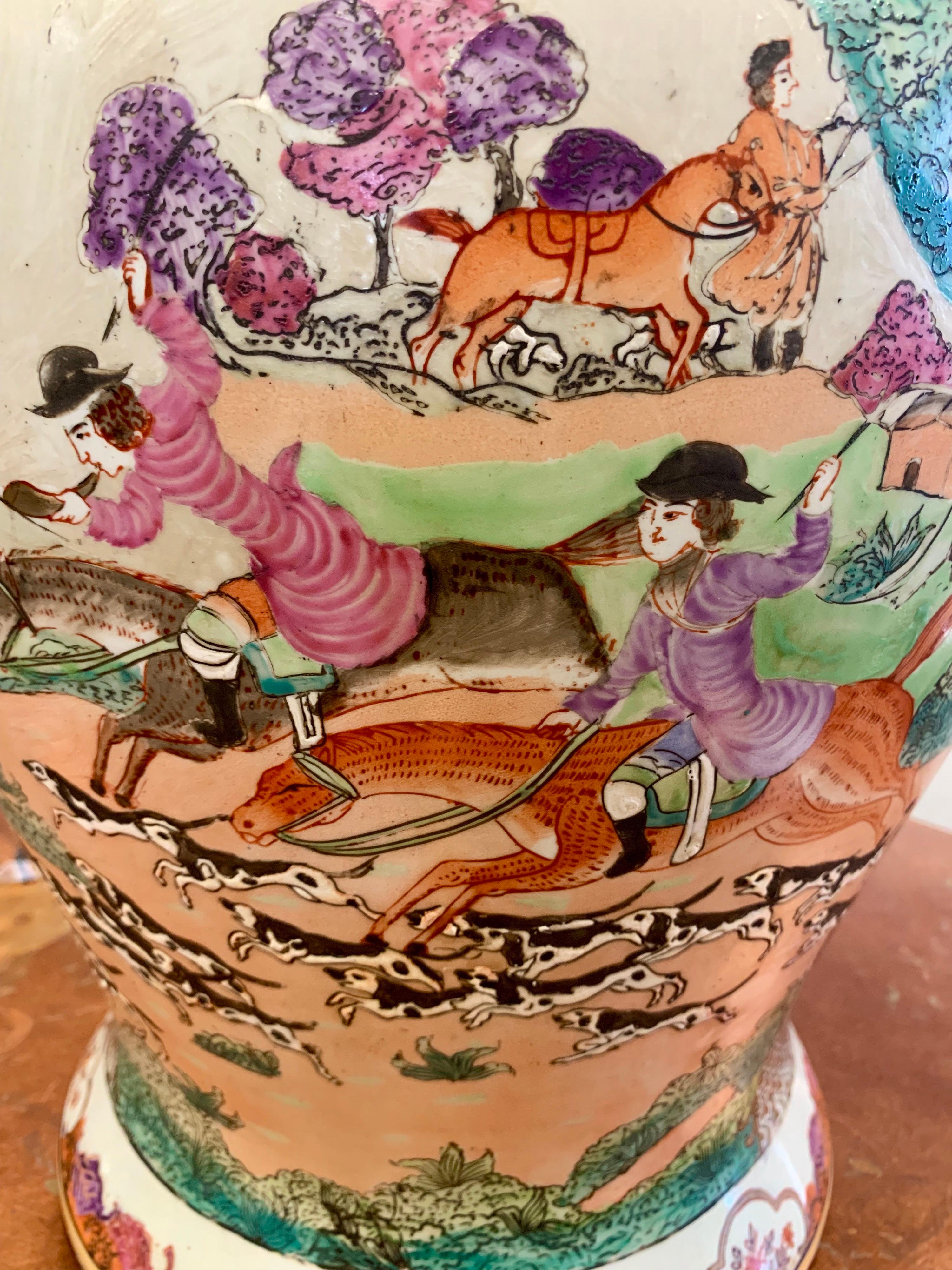 Pair of Chinese Porcelain Urns with Fox Hunt Scenes 1