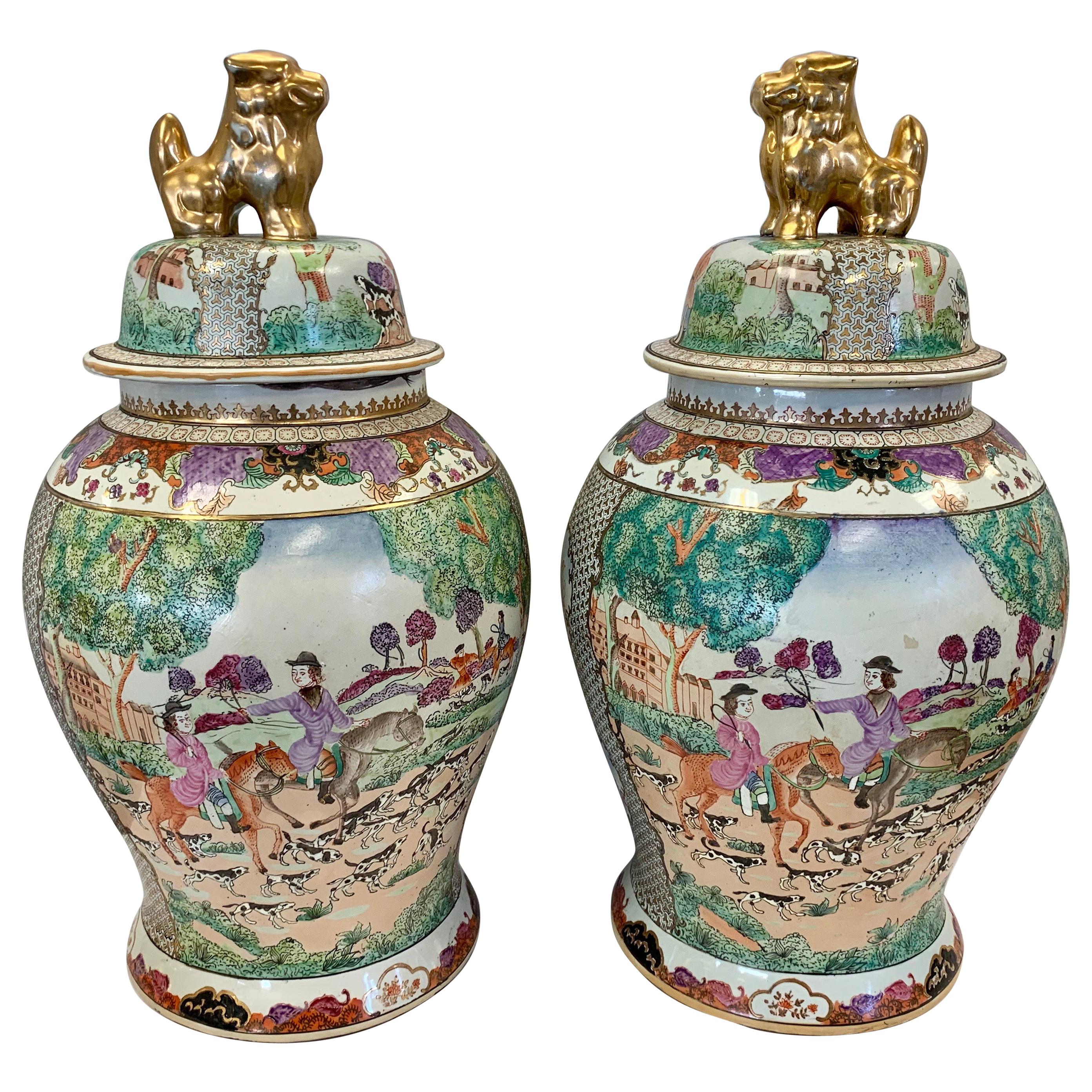 Pair of Chinese Porcelain Urns with Fox Hunt Scenes