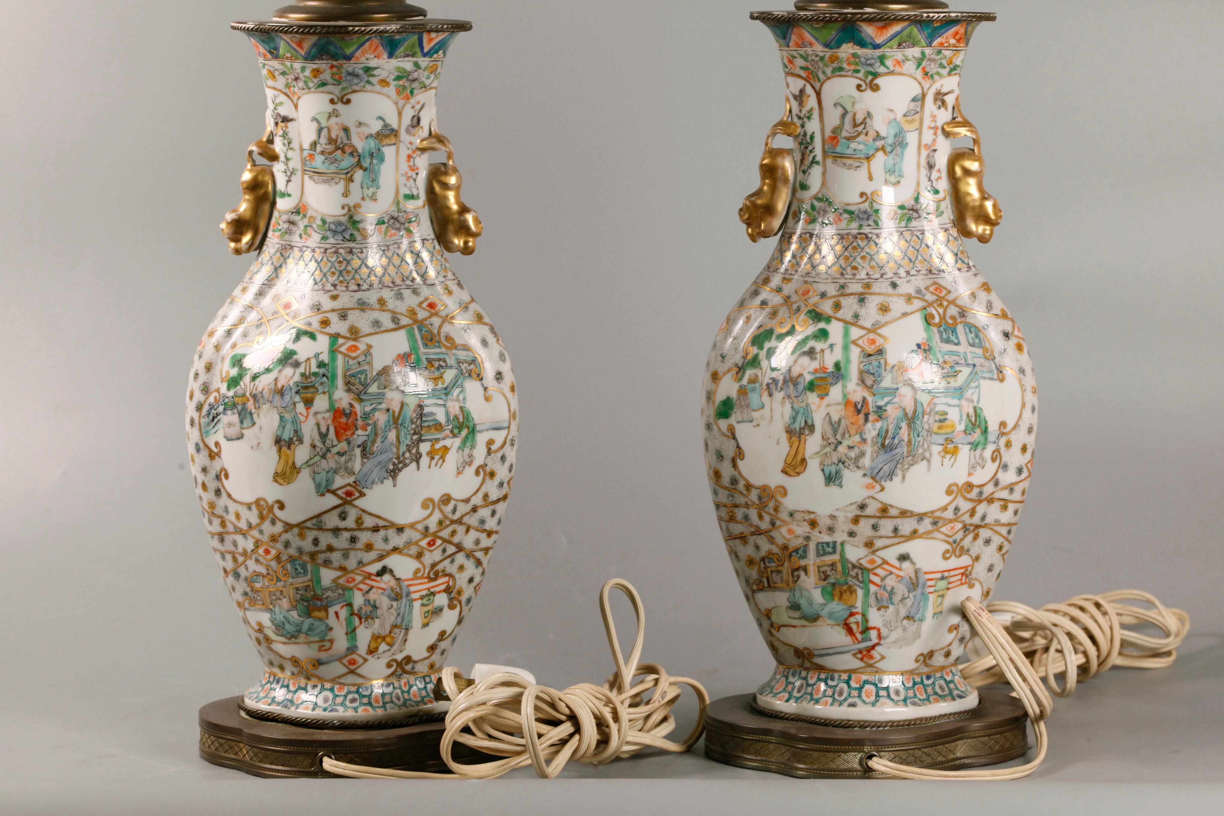 multicolor vases decorated with figural scenes; vase only: 12in(H) x 4in(D) x 6in(W); overall measurements with lighting components: 18in(H)