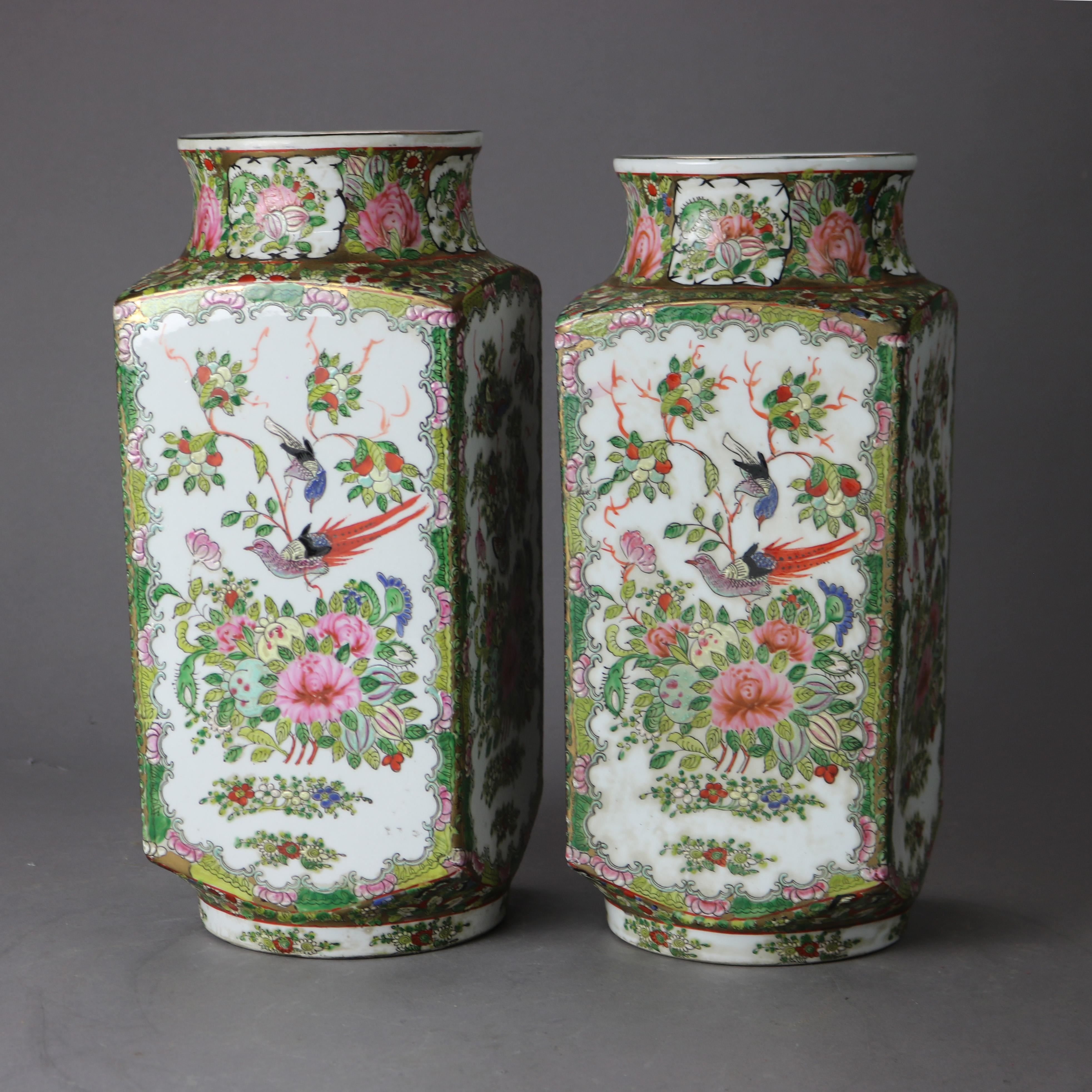 A pair of Chinese vase offer porcelain construction in square form with garden scene having flowers and birds, stamped on base as photographed, 20th century

Measures - 14.75H x 6.5