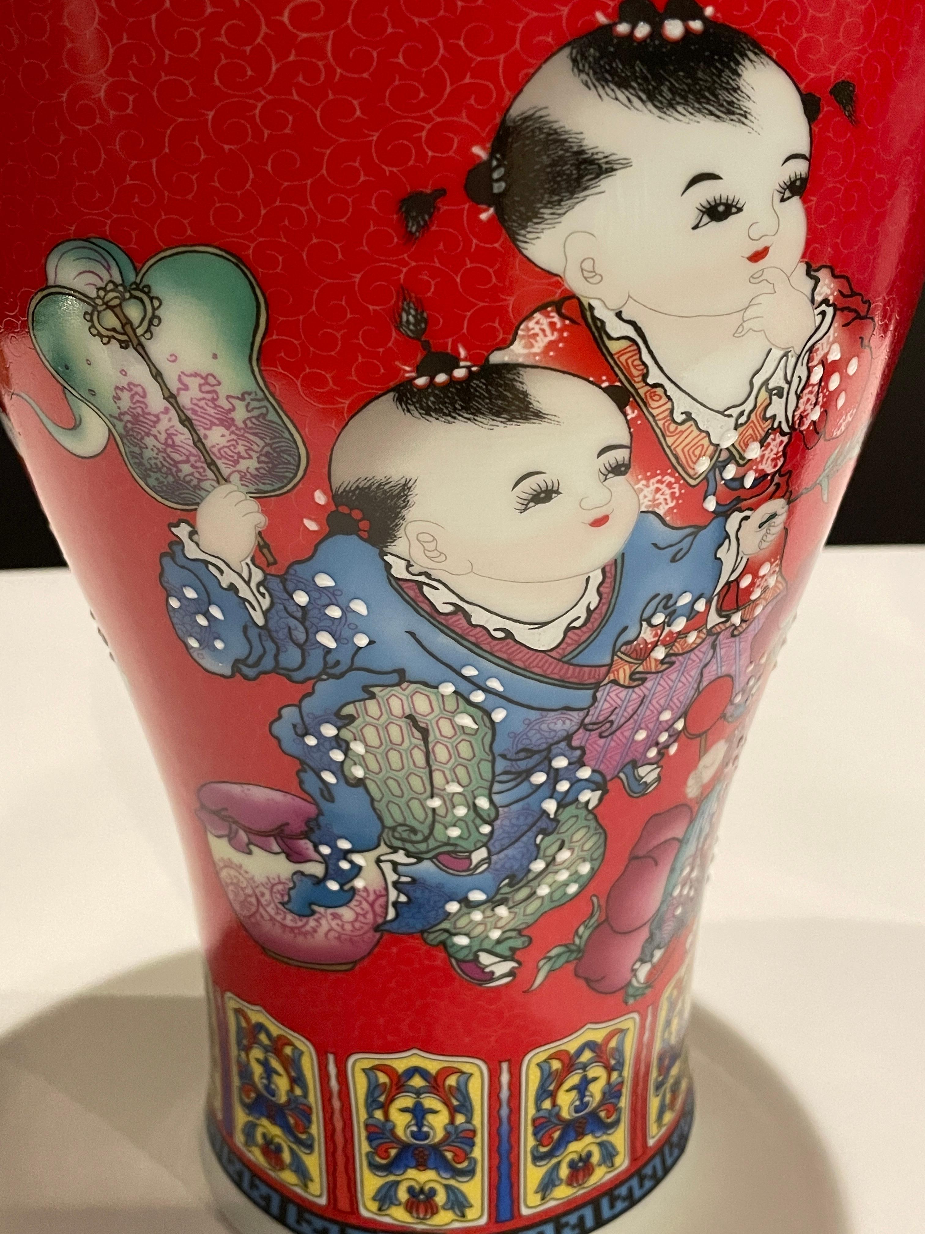 Hand-Painted Pair of Chinese Porcelain Vases With Children For Sale