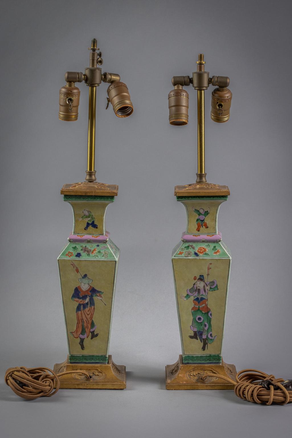 Pair of Chinese Porcelain Yellow Ground Quadrangular Lamps, circa 1875 In Good Condition In New York, NY