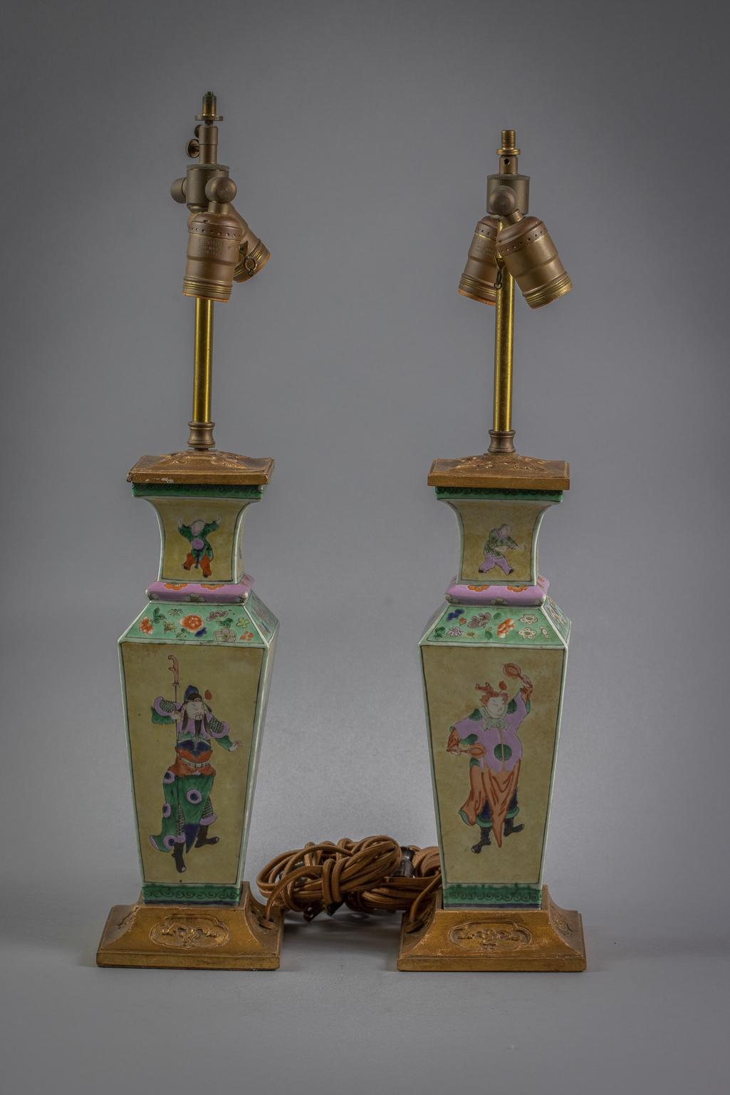 Late 19th Century Pair of Chinese Porcelain Yellow Ground Quadrangular Lamps, circa 1875