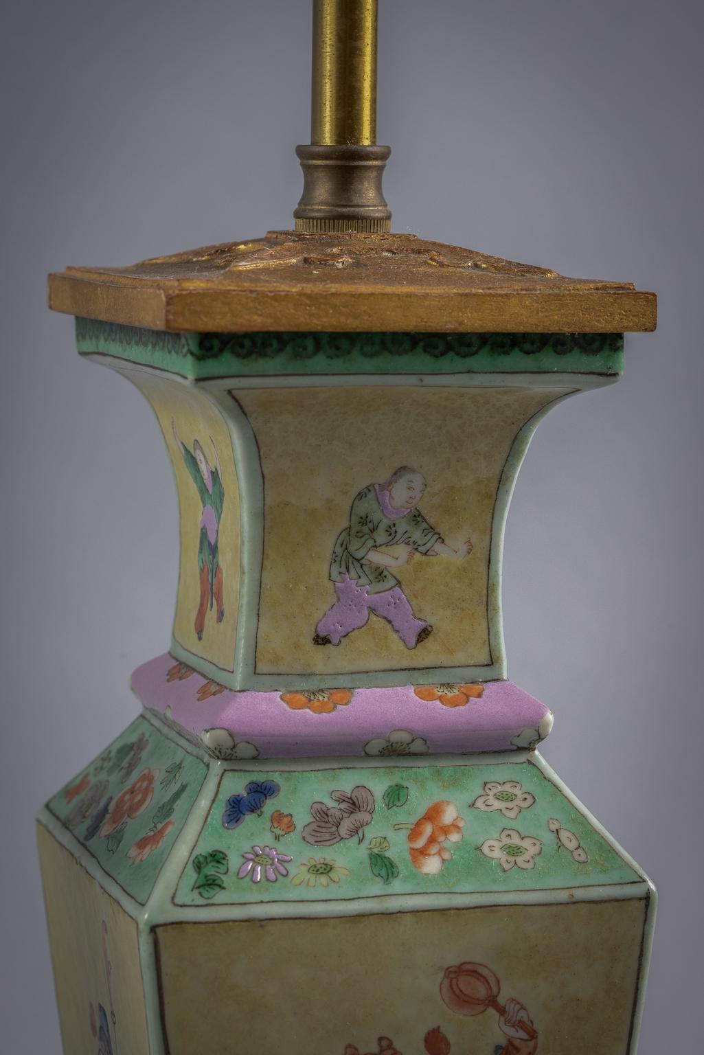 Pair of Chinese Porcelain Yellow Ground Quadrangular Lamps, circa 1875 1